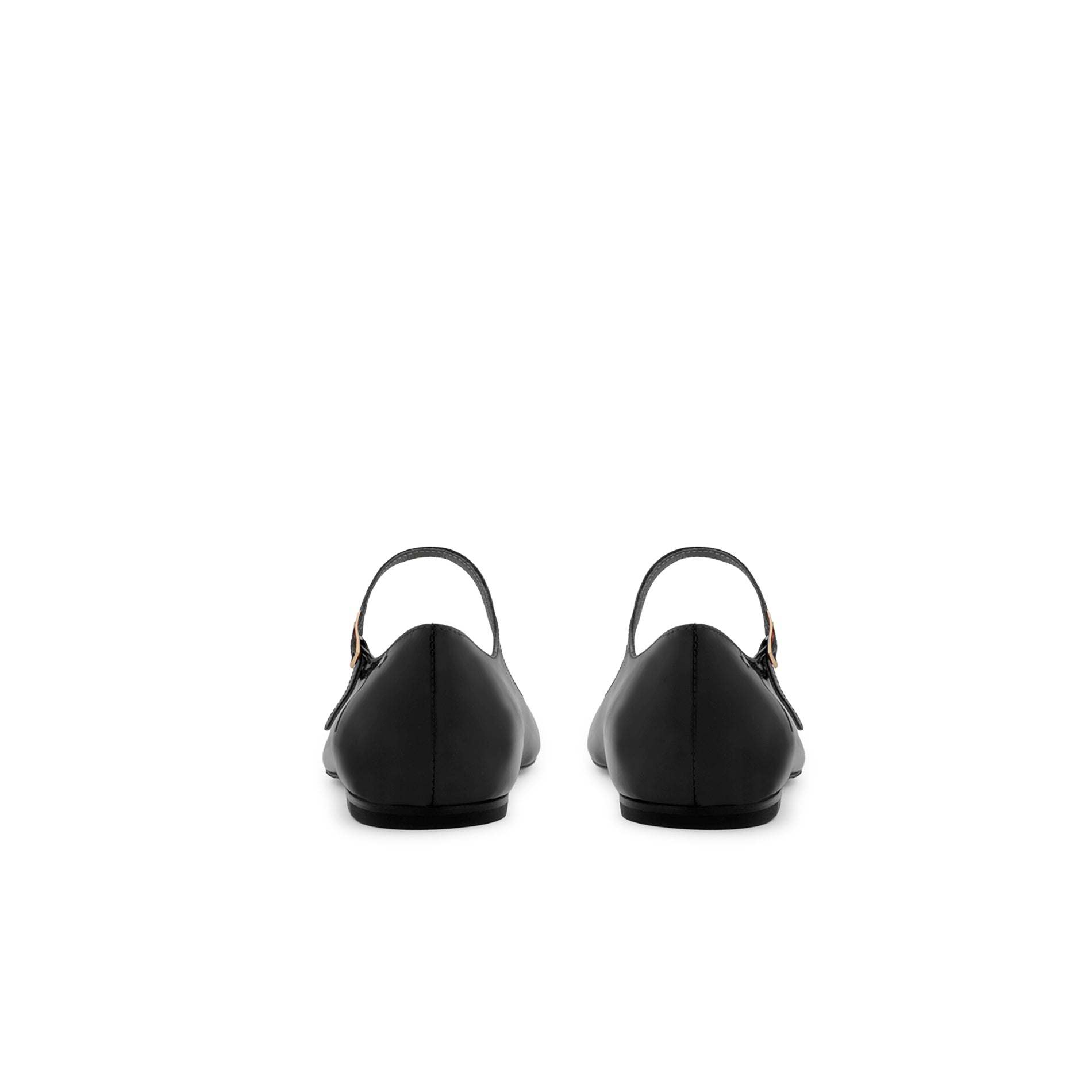Rear view of black patent ballet flats featuring a minimal silhouette and flat leather sole.