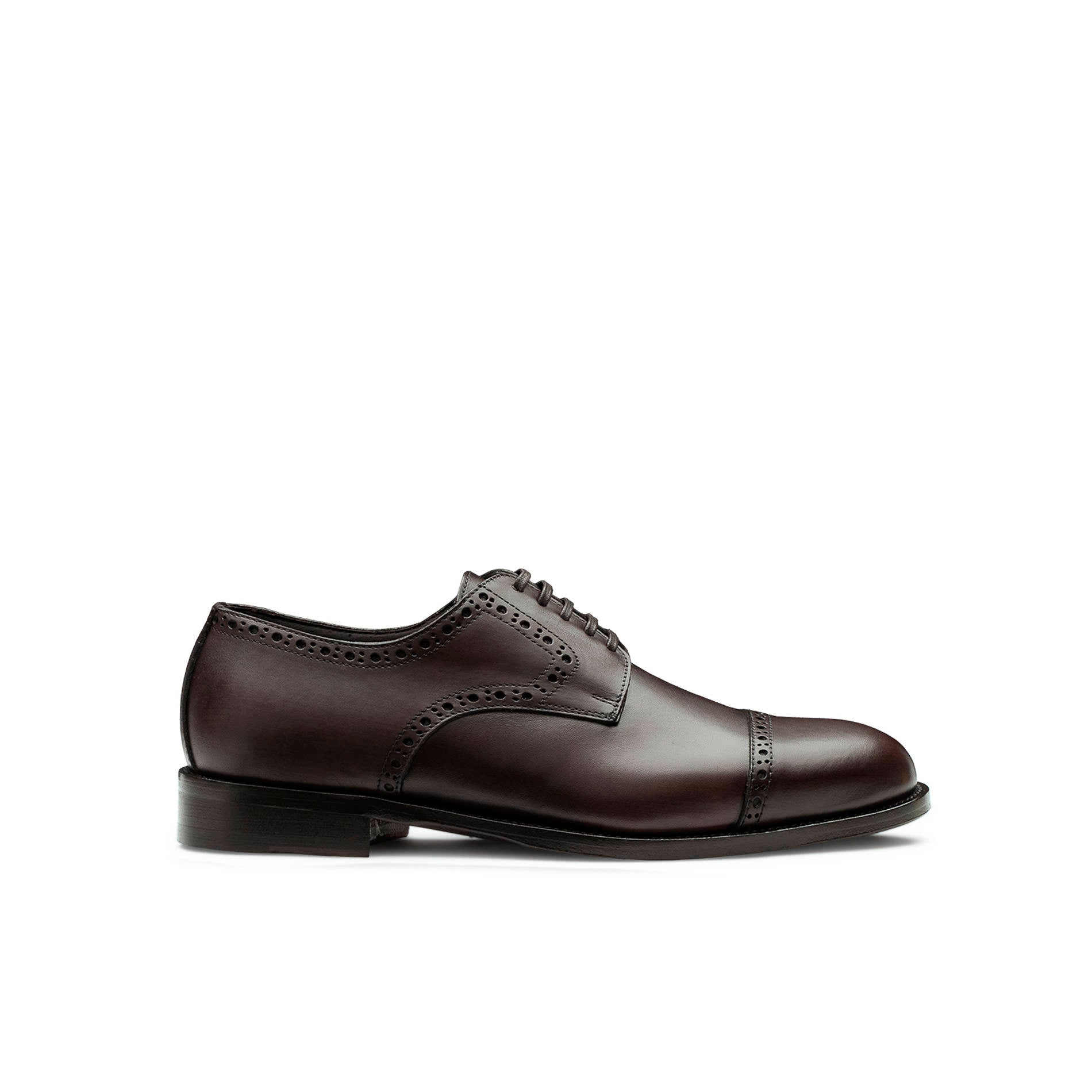 Men’s dark brown calfskin Oxford brogue shoes, soft round toe, made in Italy