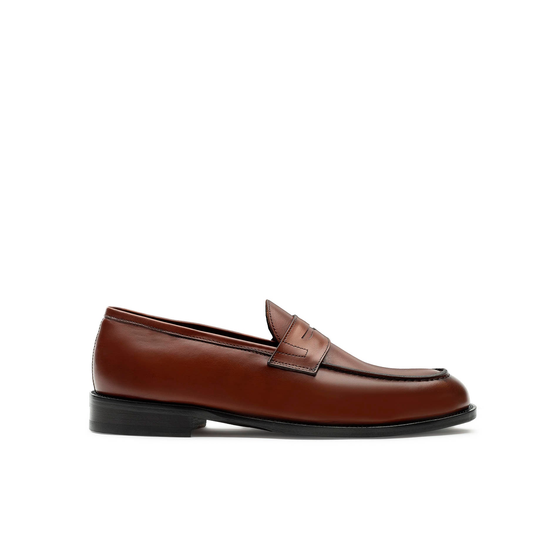 Mario Valentino light brown leather penny loafers, front view, made in Italy