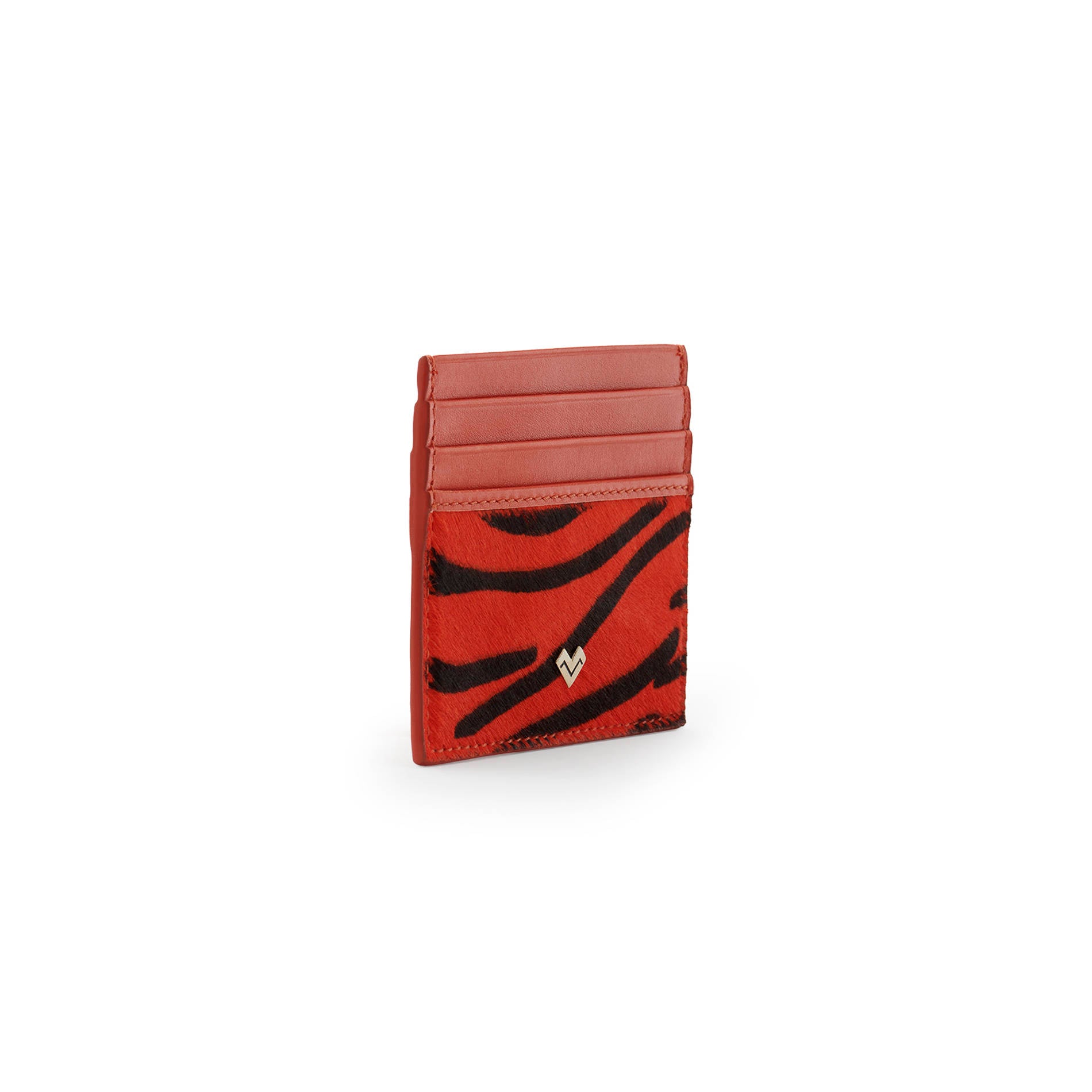 Side view of Mario Valentino zebra-print calfhair card holder with pony-effect texture and MV metal logo.