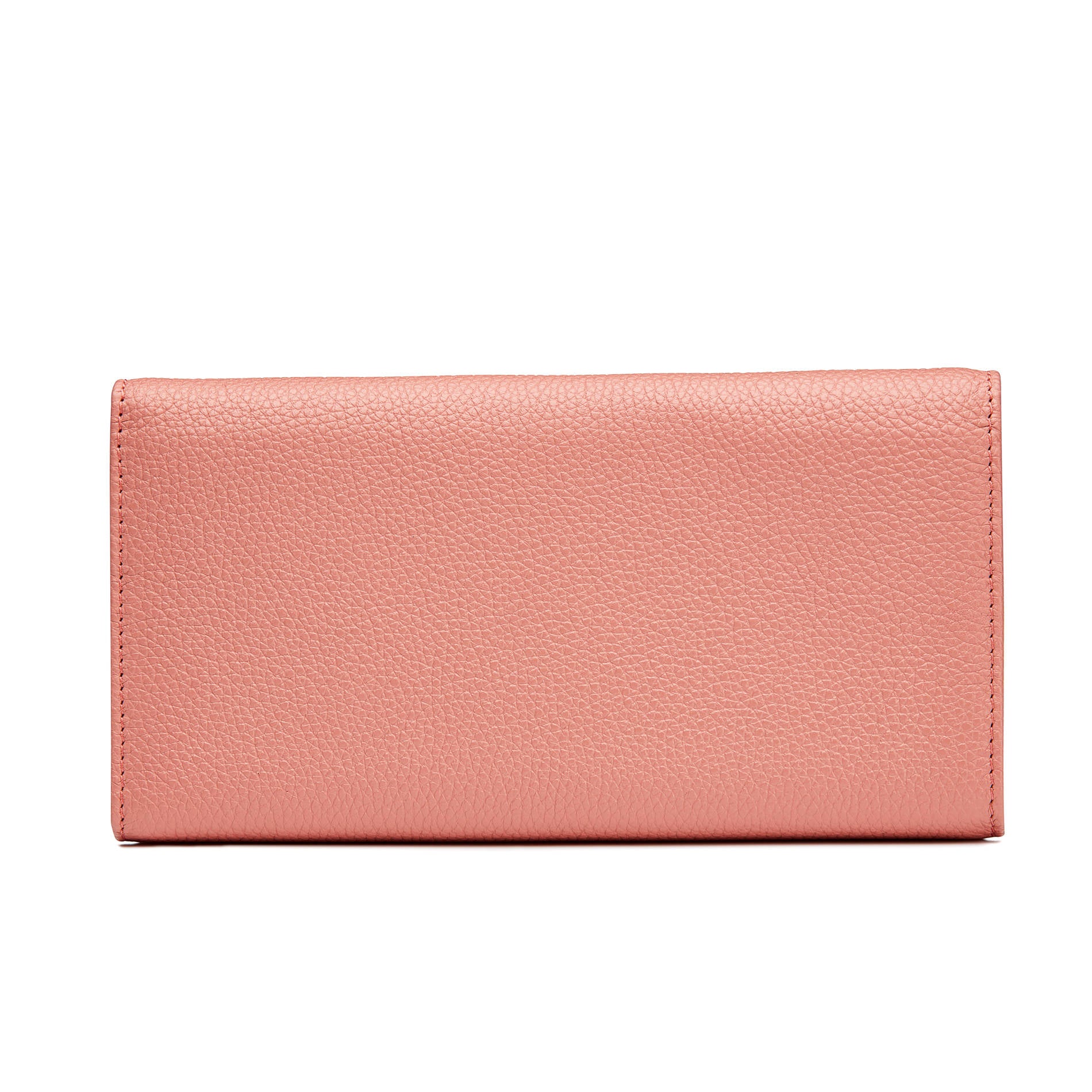 Back view of peach pink calfskin envelope wallet with smooth leather finish and clean luxury design
