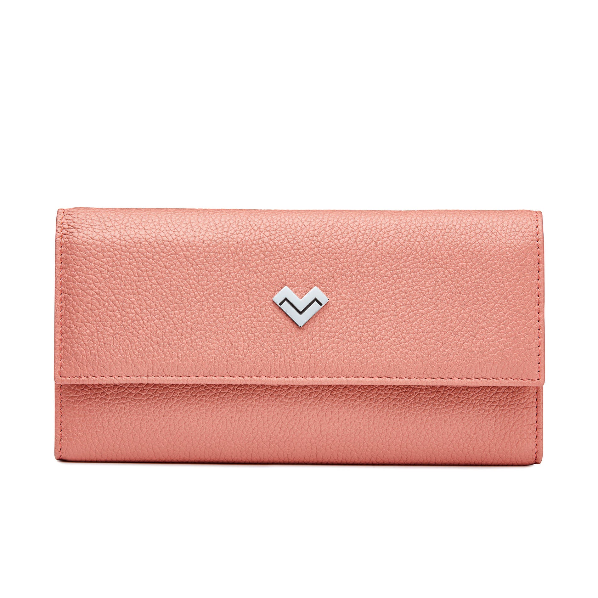 Peach pink calfskin envelope wallet by Mario Valentino with metal MV logo and flap closure, elegant compact design