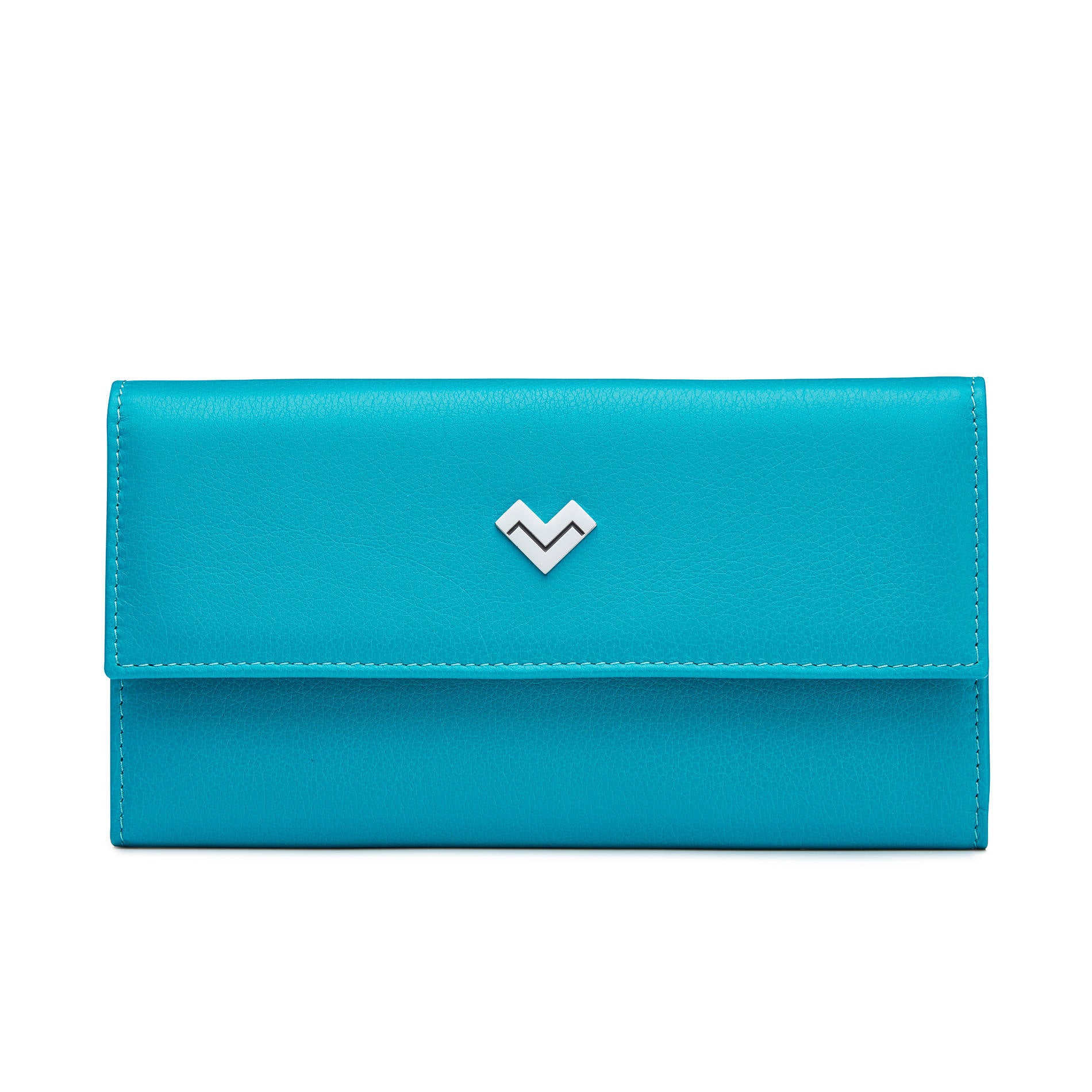 Turquoise calfskin envelope wallet by Mario Valentino with metal MV logo and flap closure, compact luxury design