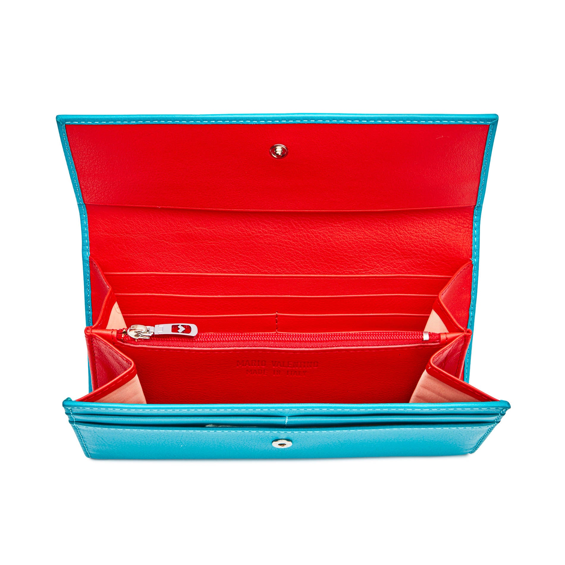 Interior of Mario Valentino turquoise envelope wallet with red leather lining, zip coin pocket, card slots and compartments