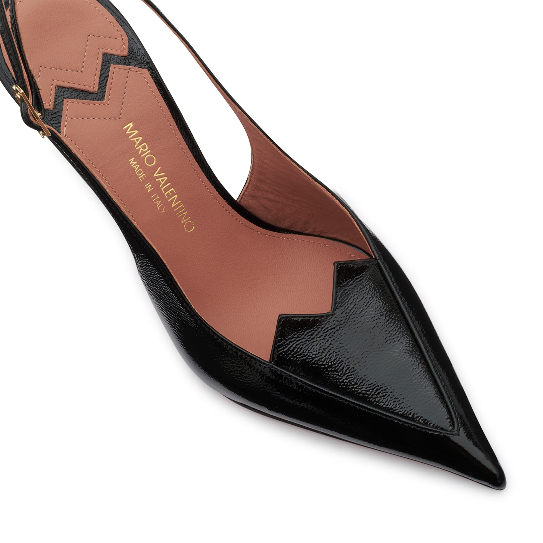 Mario Valentino black patent leather slingback pumps with pointed toe Made in Italy.