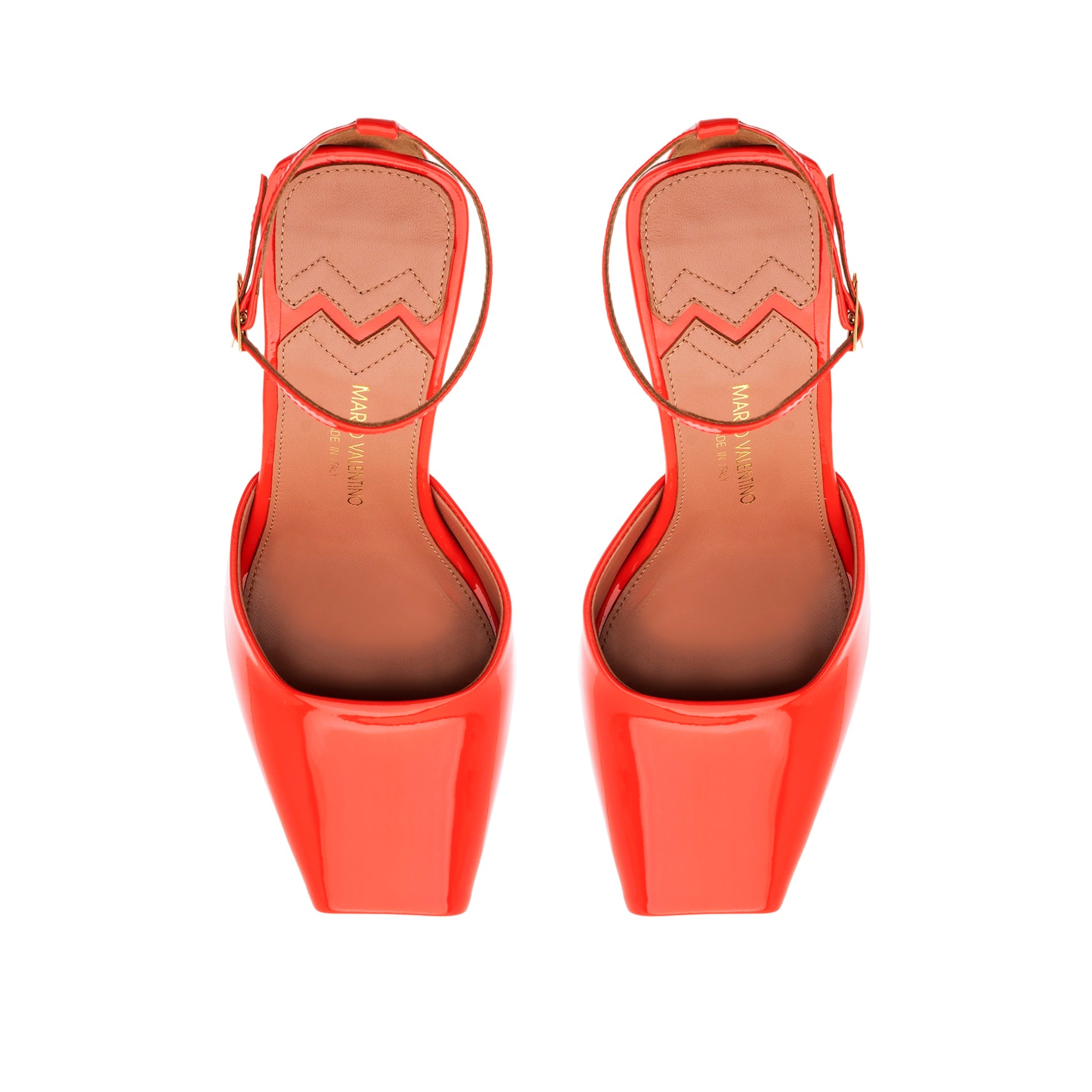 Top view of Kara sandals in coral red patent leather, highlighting square toe, signature open-work detail and Mario Valentino logo on the insole