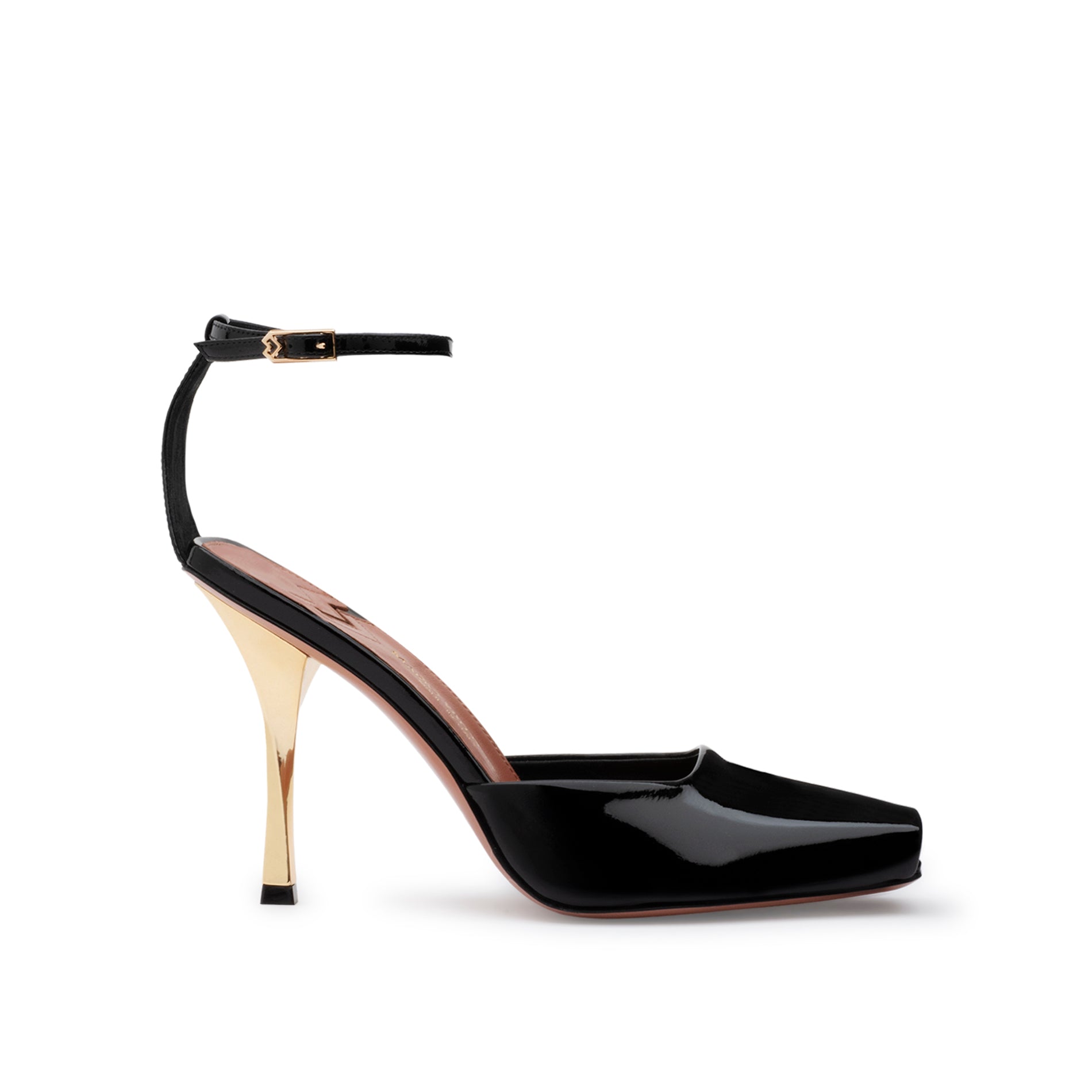 Mario Valentino Kara open-toe black leather sandals with iconic gold Clepsydra heel, square base, and refined adjustable ankle strap.