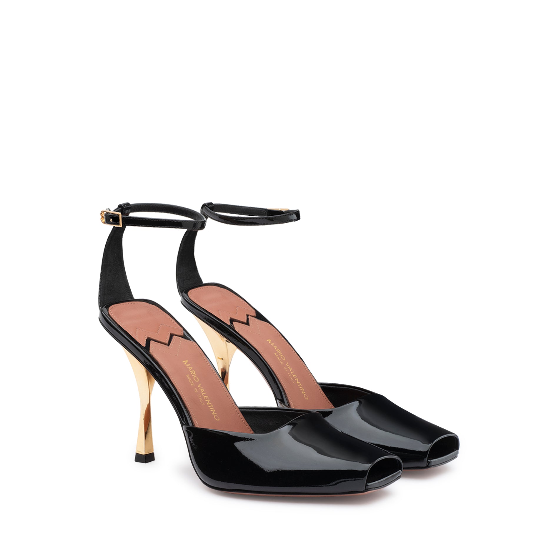 Mario Valentino Kara black leather open-toe sandals with gold-tone Clepsydra heel and adjustable ankle strap, crafted in Italy.