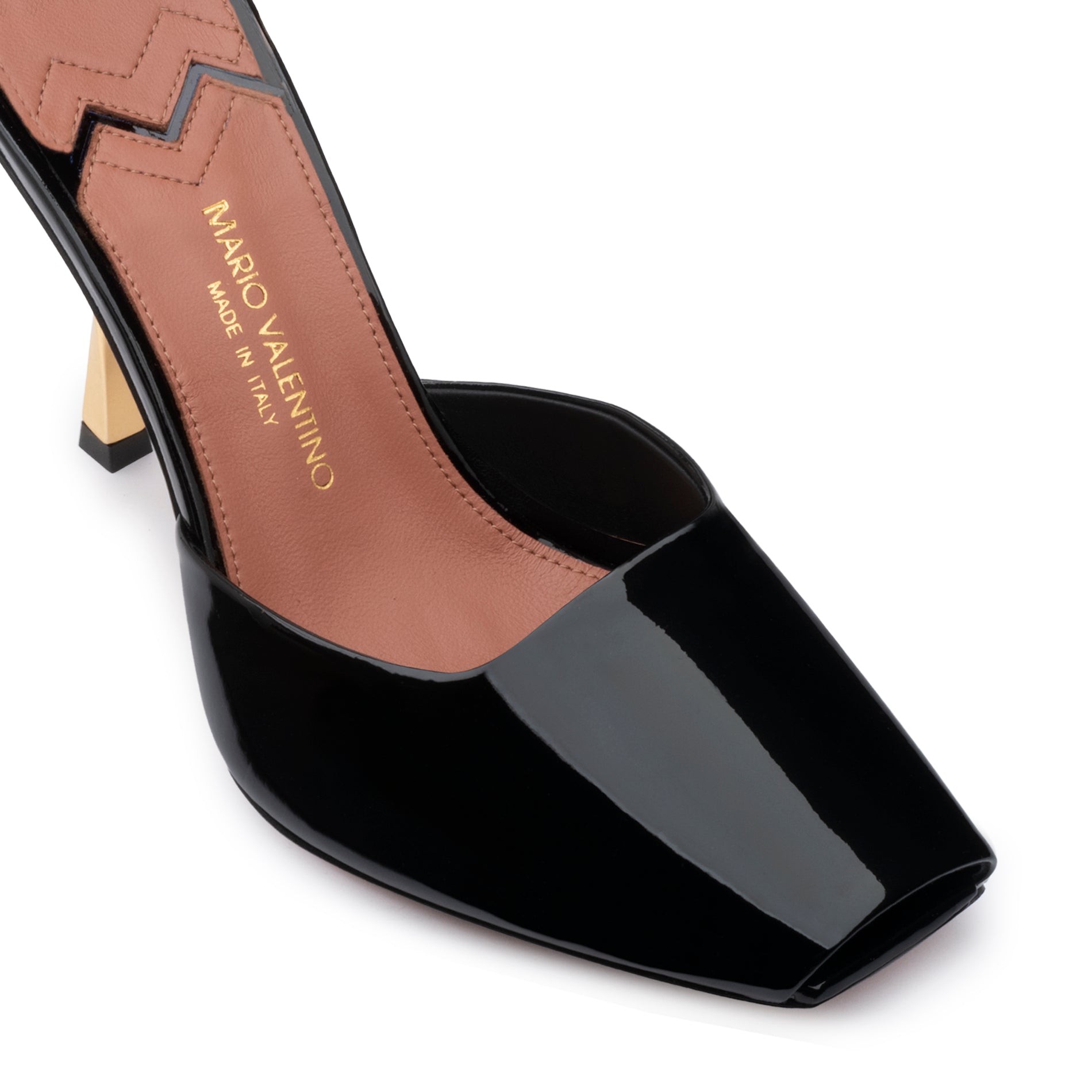 Mario Valentino Kara open-toe sandals in black patent leather with leather sole embossed with the iconic logo. Made in Italy