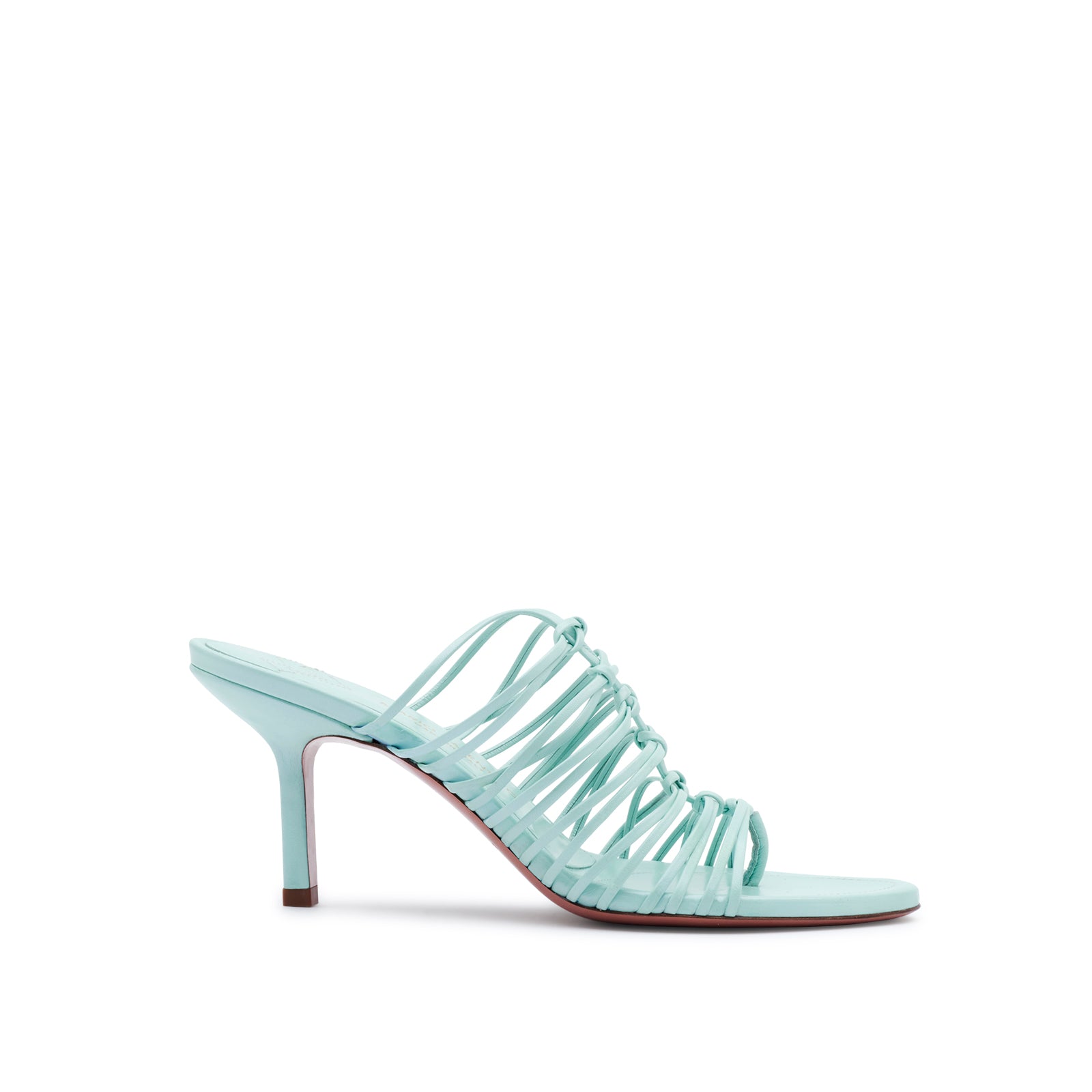 Mint green leather Shyla thong mules by Mario Valentino, featuring elegant kidskin stiletto heel and leather sole. Made in Italy