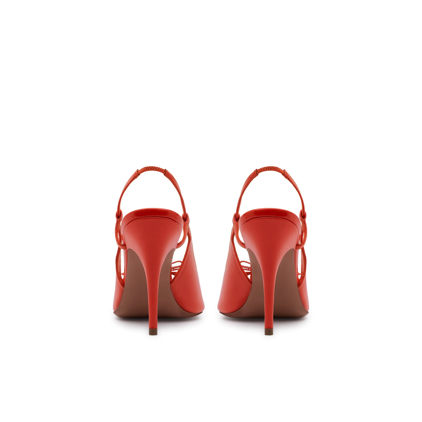 Mario Valentino Cindy lobster orange patent leather slingback with ankle strap and bow detail, back view