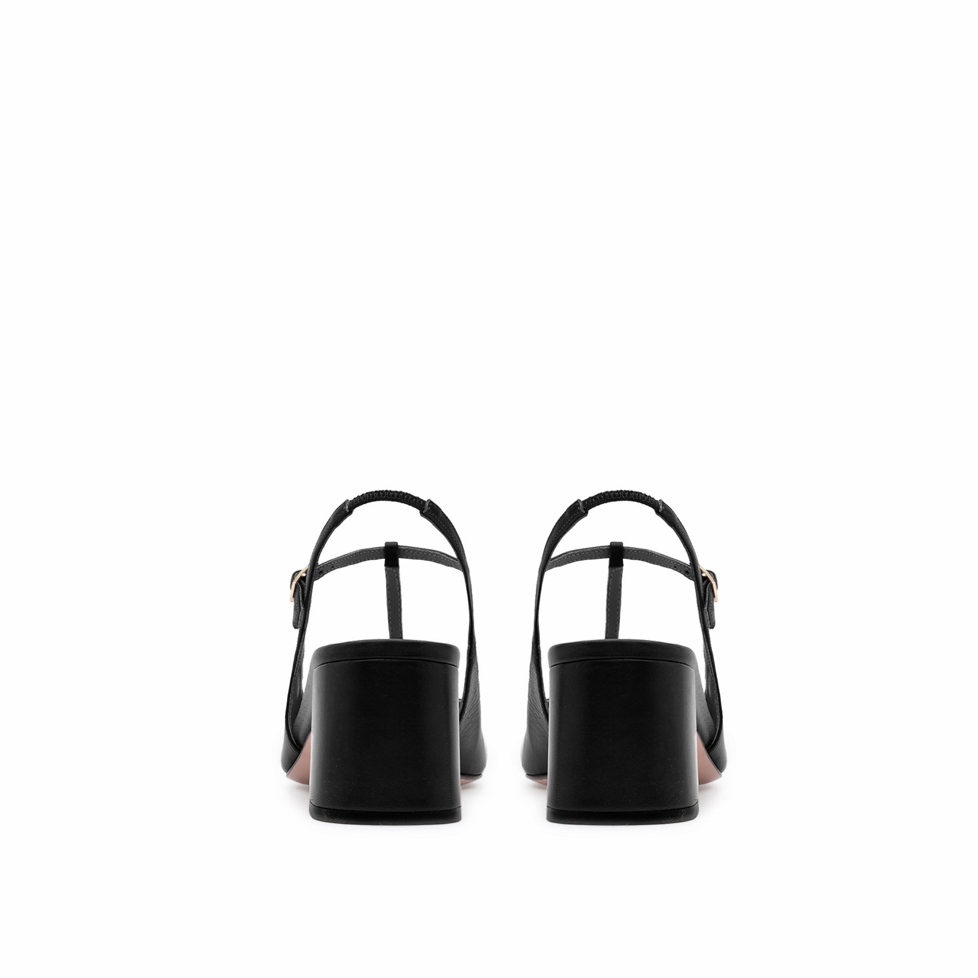 Mario Valentino black slingback with adjustable ankle strap and gold buckle, back view