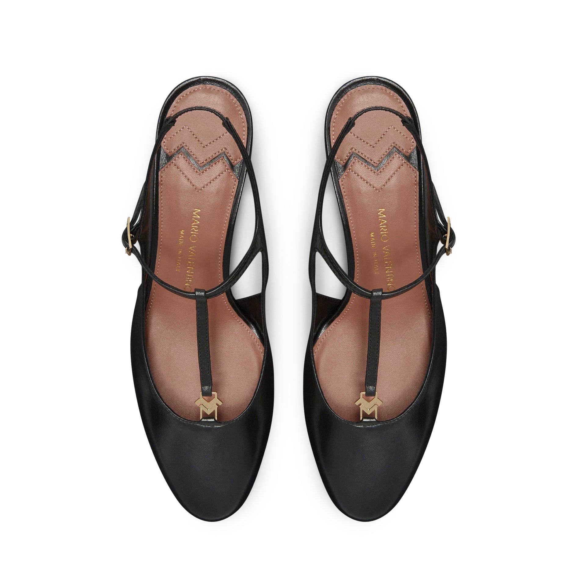 Mario Valentino black leather T-bar slingback with gold logo hardware, top view