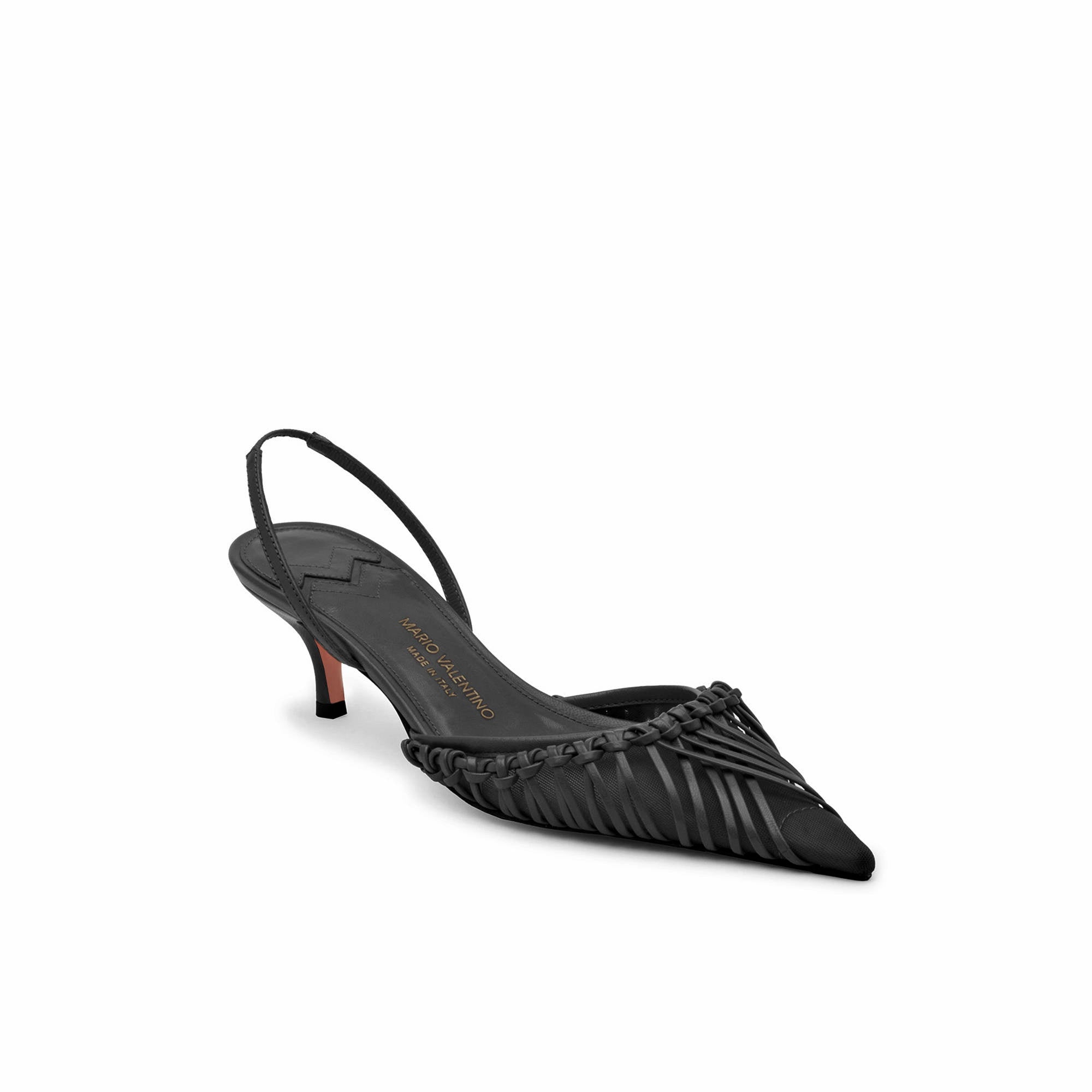 Mario Valentino black kidskin leather and mesh slingback pumps with 33mm kitten heel and pointed toe, Made in Italy