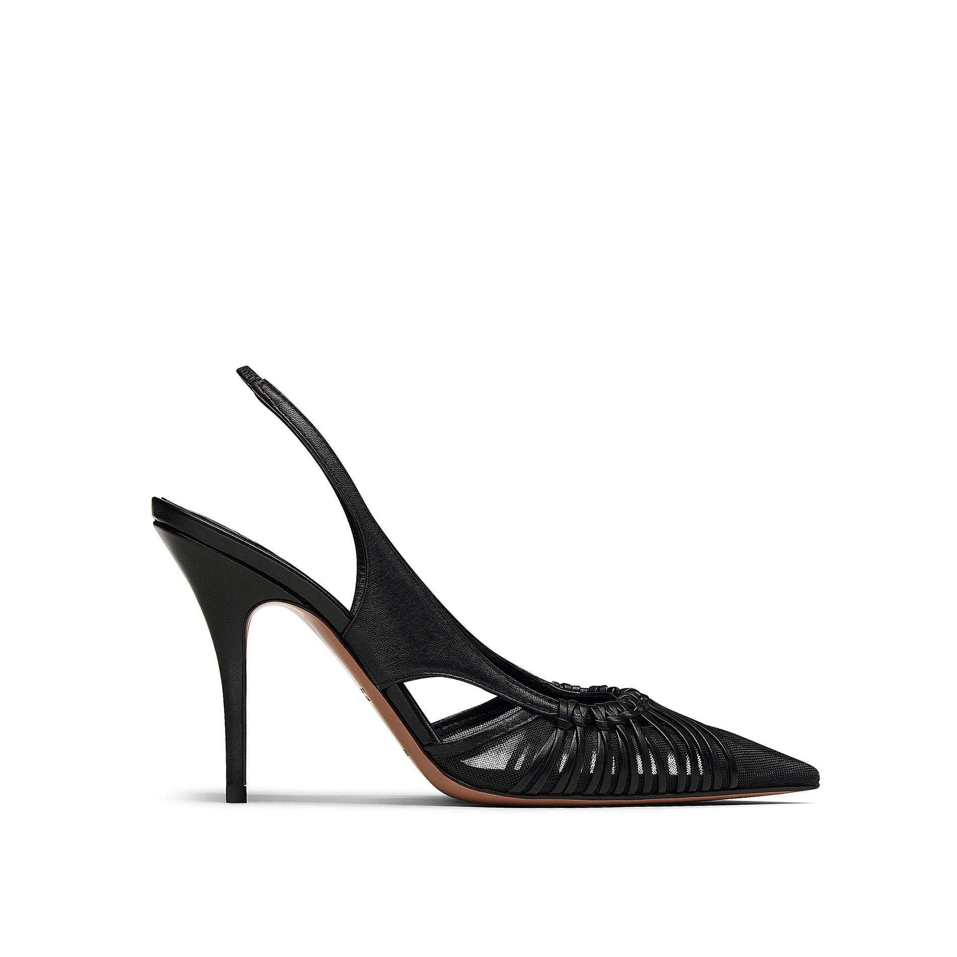 Mario Valentino black leather slingback pumps with pointed toe, woven strap detail and stiletto heel, side view.