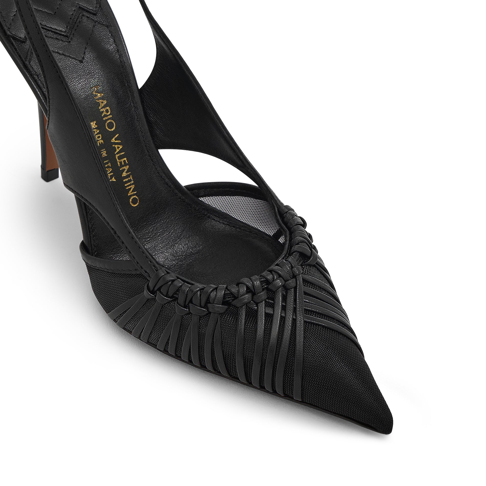 Close-up of woven leather detail and pointed toe on Mario Valentino black leather slingback pumps.