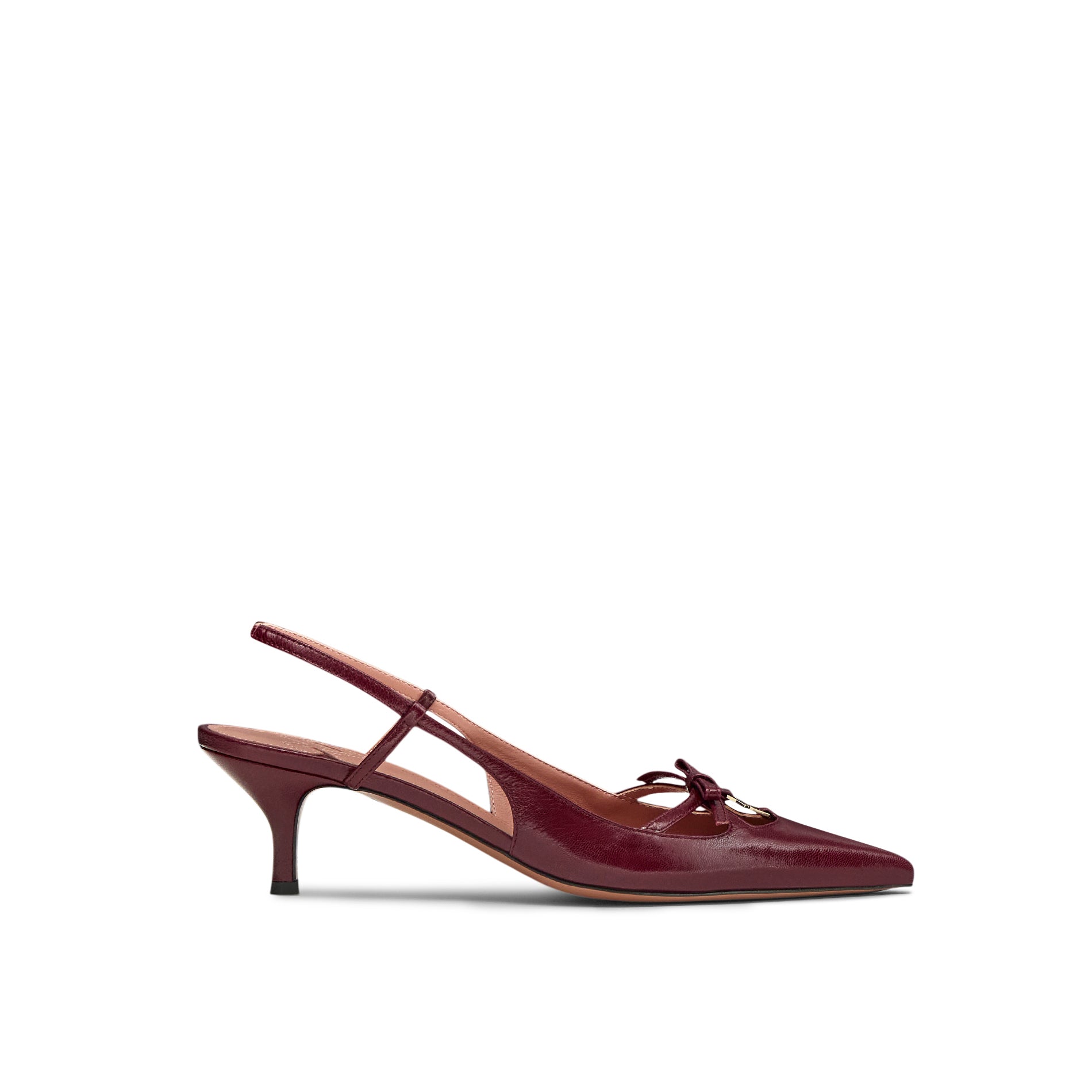 Mario Valentino Cindy burgundy leather slingback with kitten heel and bow detail, side view