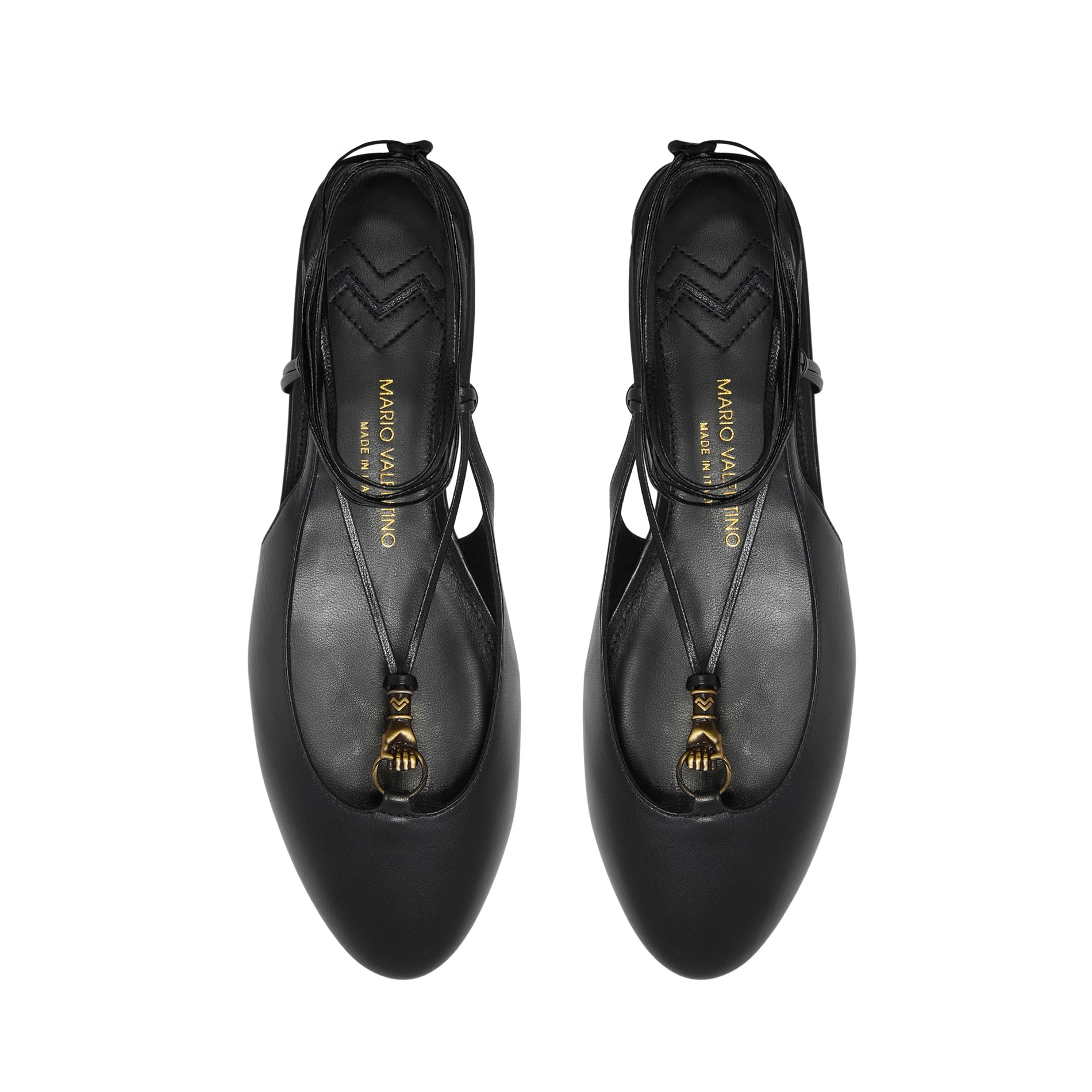 Mario Valentino black soft kidskin leather slingback ballet flats, 15mm heel, leather sole, featuring lace-up ankle tie and signature ethnic-inspired gold embellishment. Made in Italy