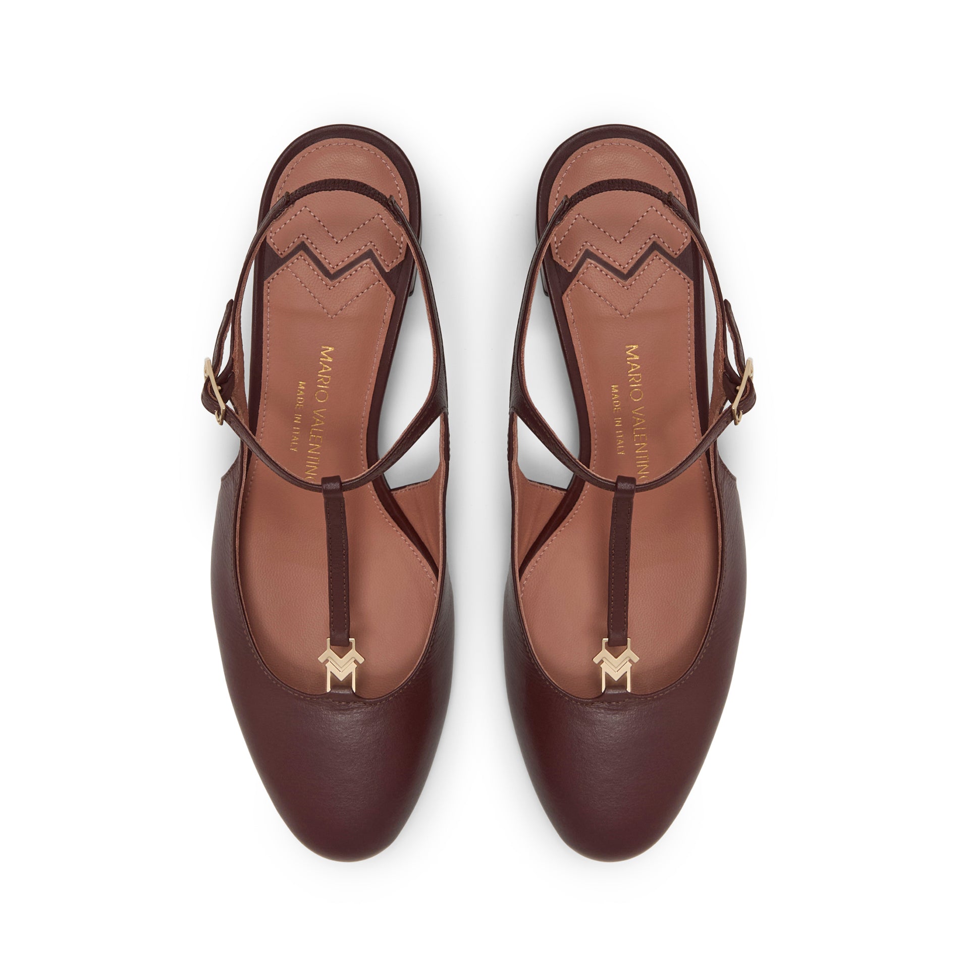 Mario Valentino deep brown leather T-bar slingback with gold logo hardware, top view