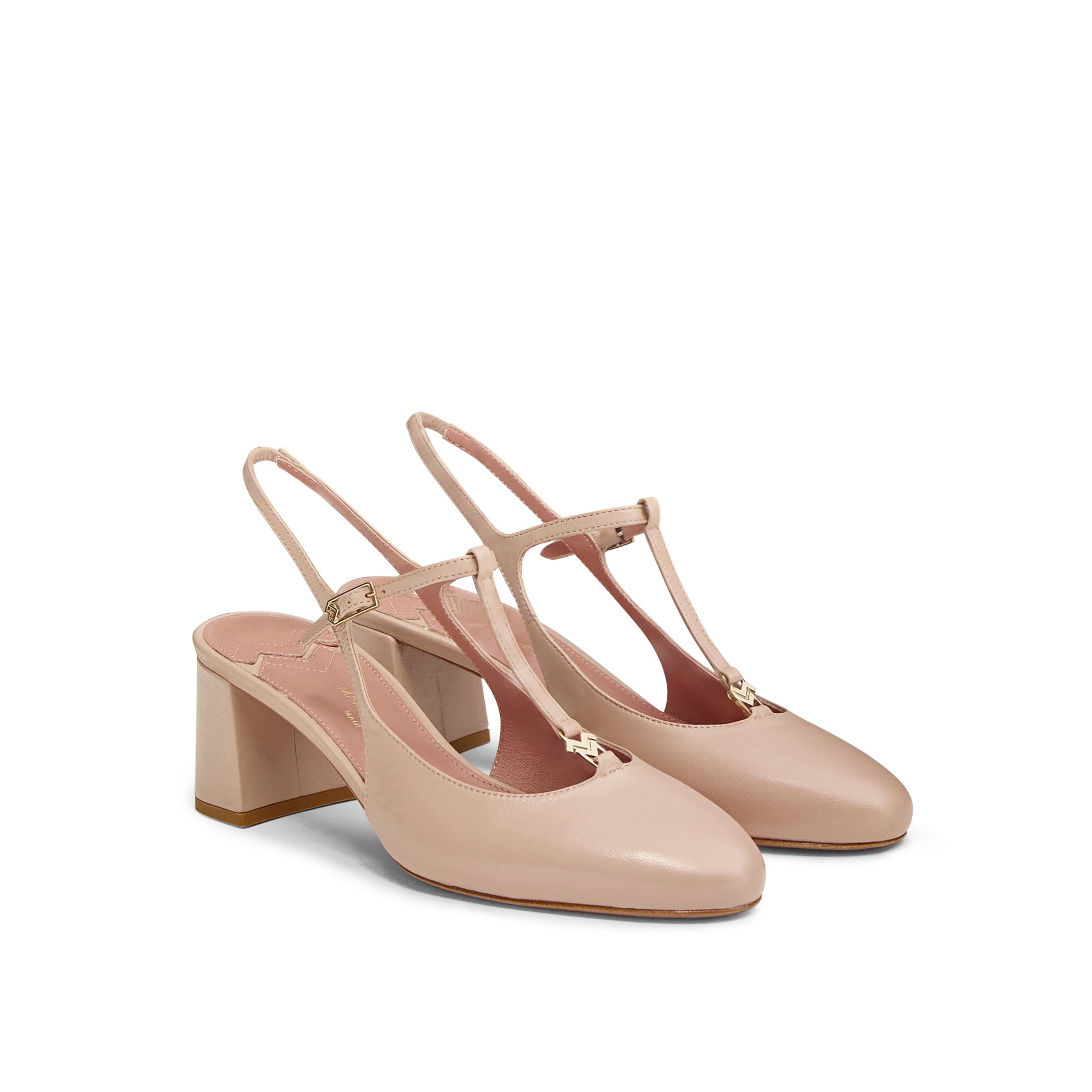 Mario Valentino nude leather T-bar slingback pump with block heel, ankle strap and gold logo, three-quarter view