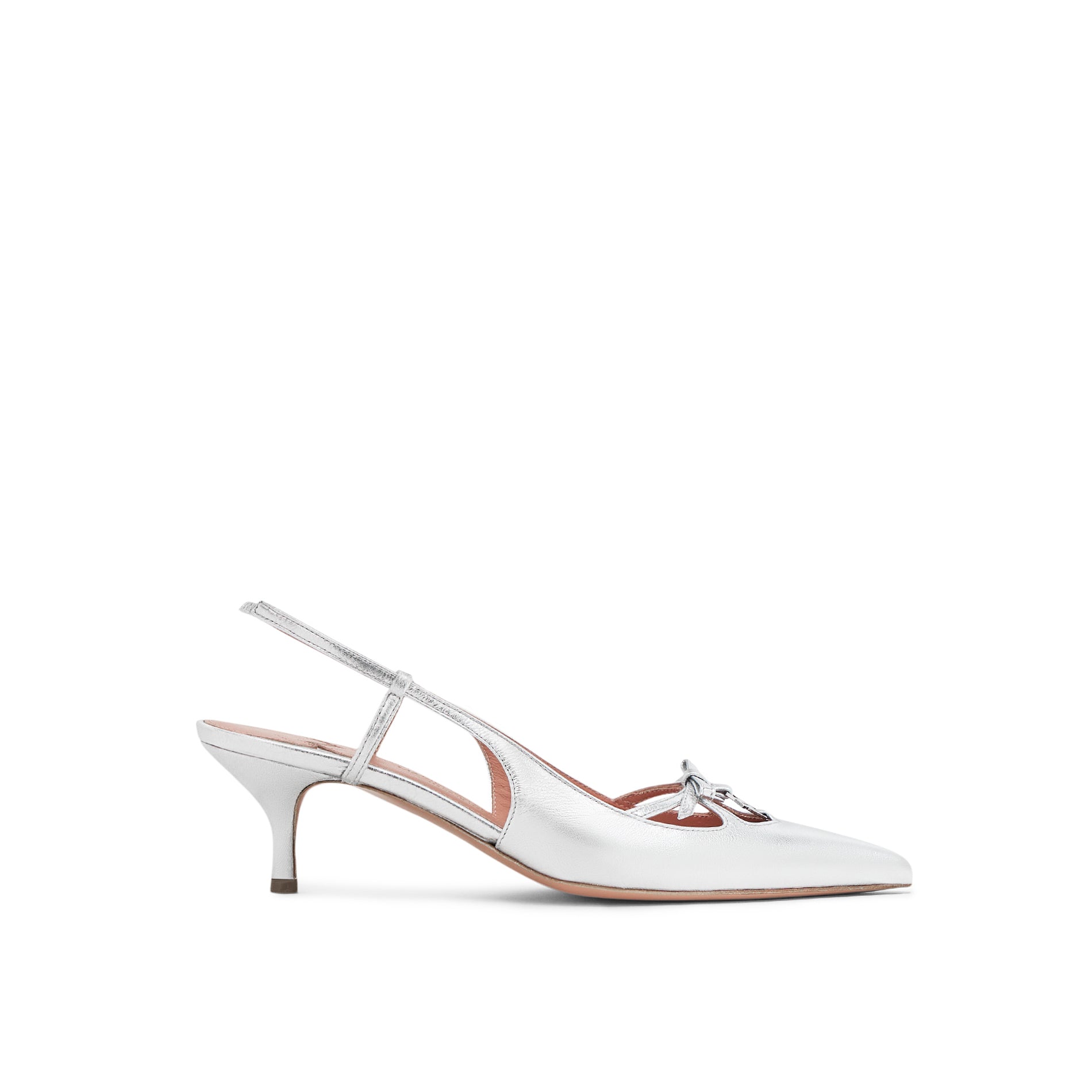 Mario Valentino Cindy silver leather slingback with kitten heel and bow detail, side view
