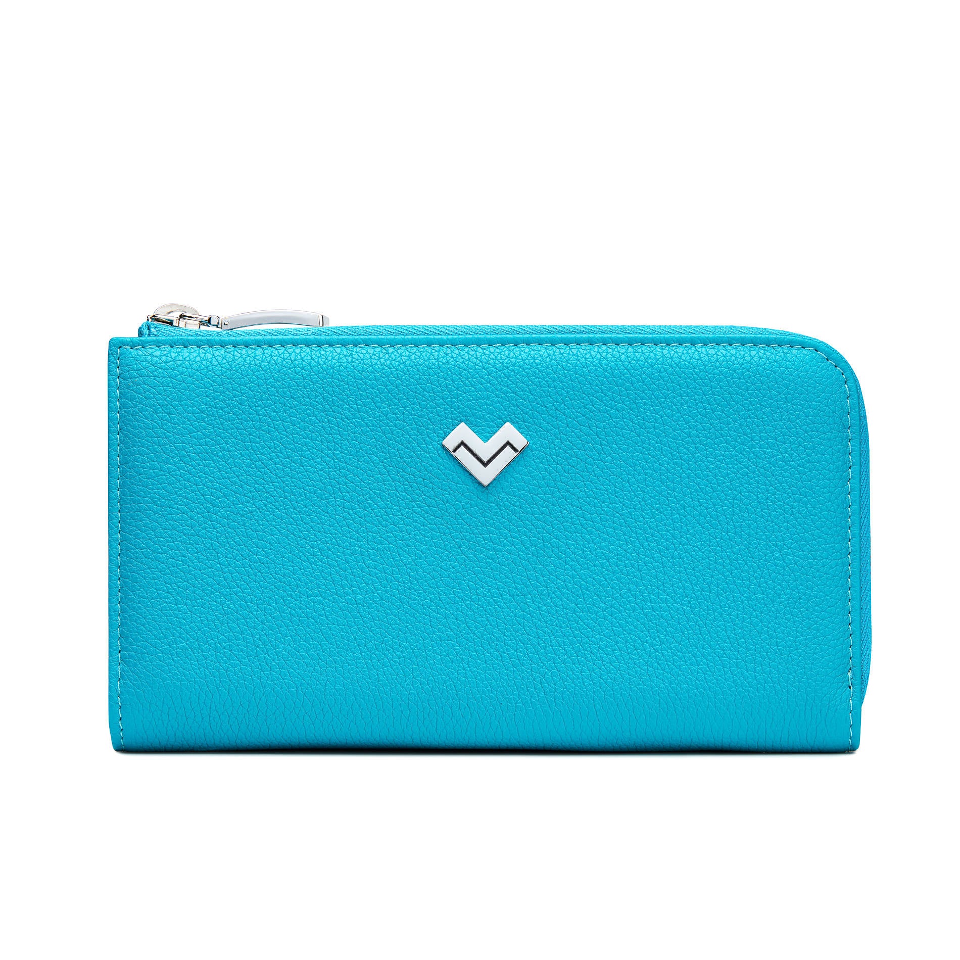 Mario Valentino Turquoise calfskin zip-around wallet featuring a refined leather silhouette, metal MV logo hardware and elegant minimalist design. Made in Italy.