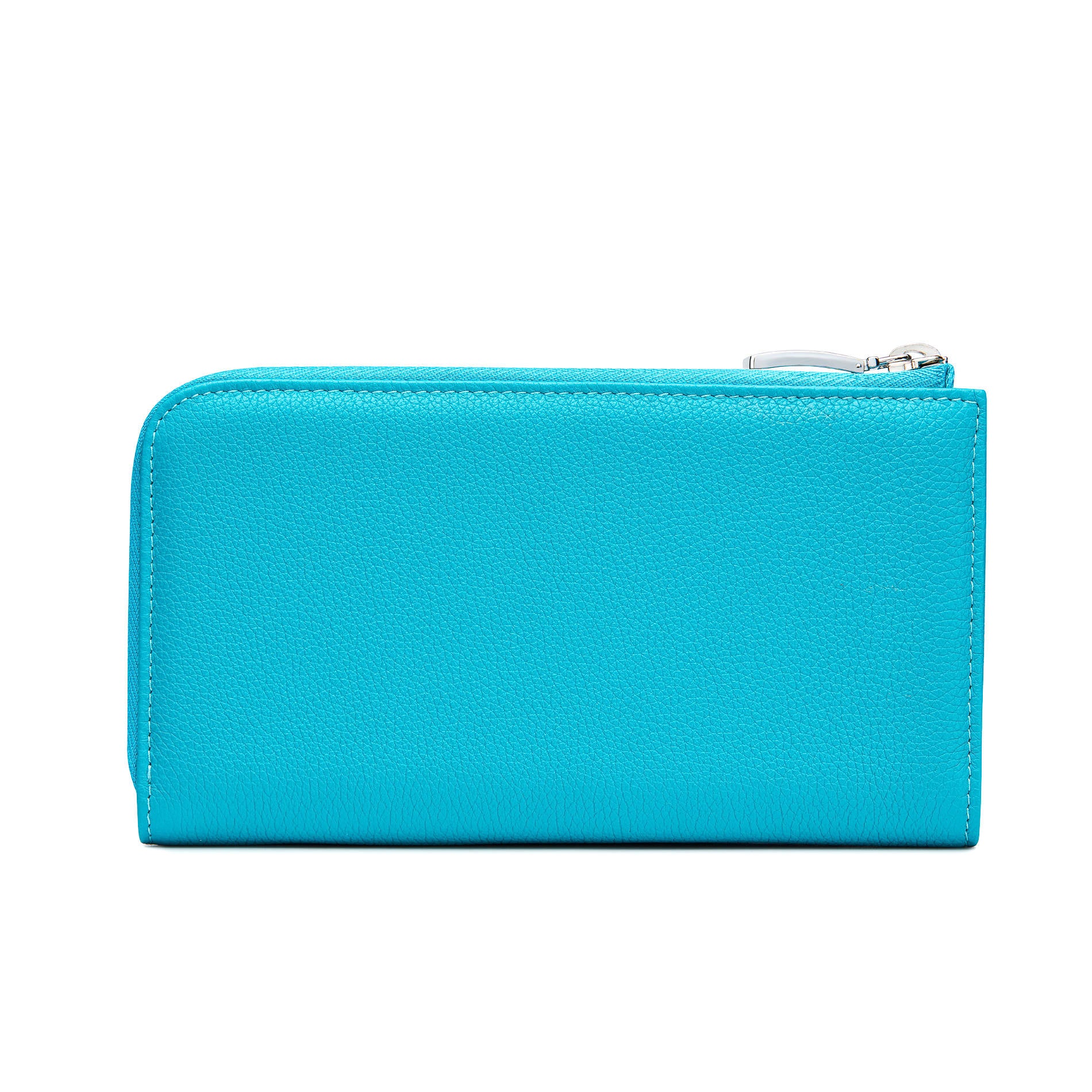 Back of Mario Valentino Turquoise calfskin leather wallet with logoed zip coin pocket, refined leather craftsmanship and signature MV metal logo. Made in Italy.
