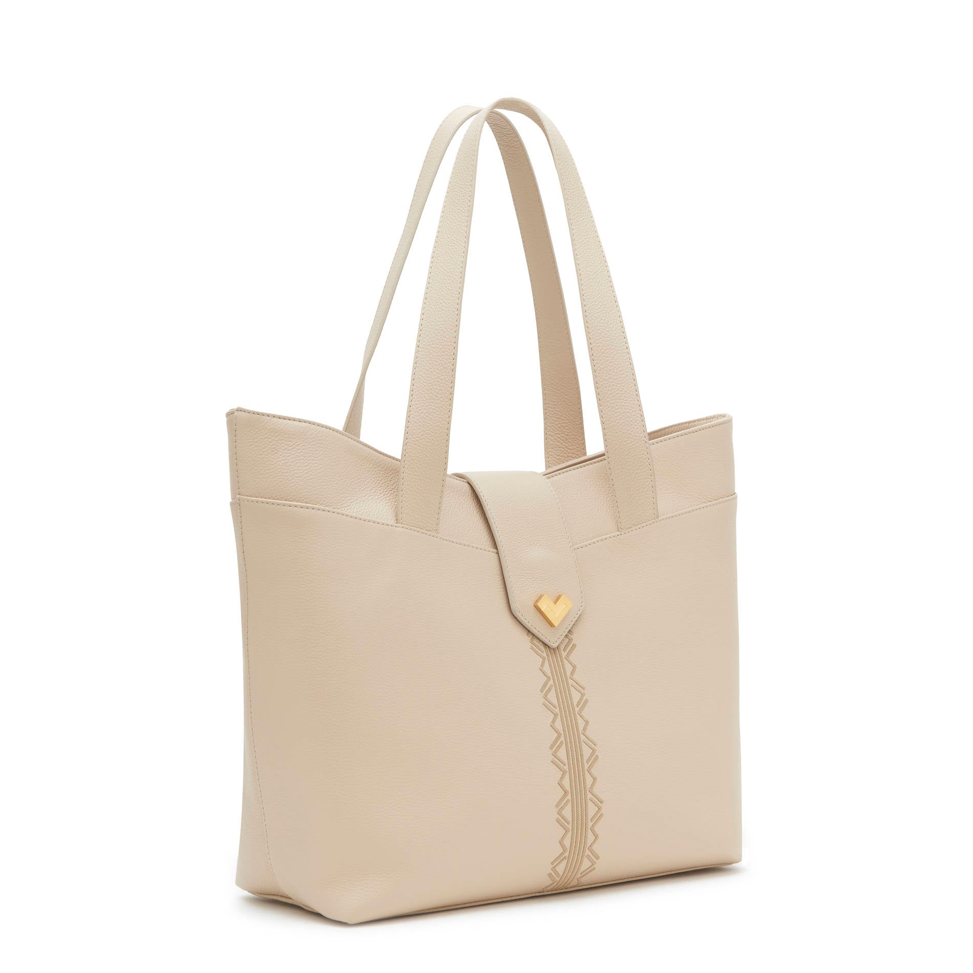 Powder leather shopping bag side view with structured silhouette and double handles. Made in Italy