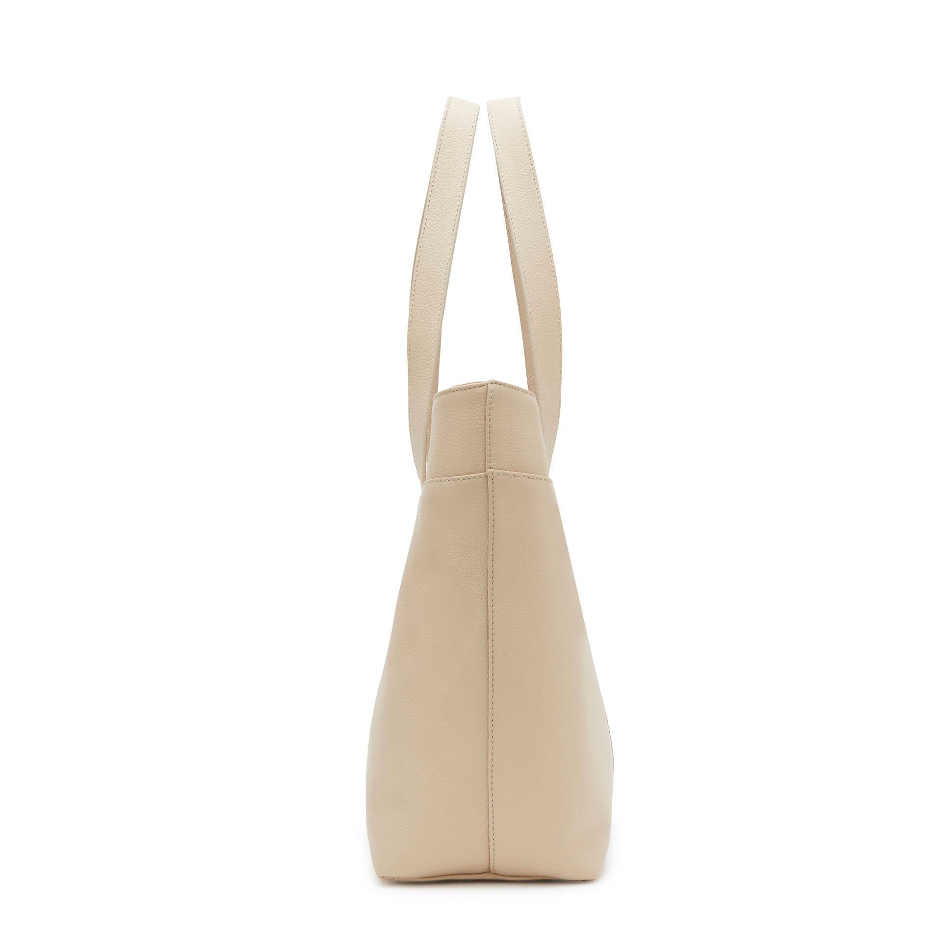Beige leather tote bag side view in calfskin, spacious MV shoulder bag with elegant shape Made in Italy