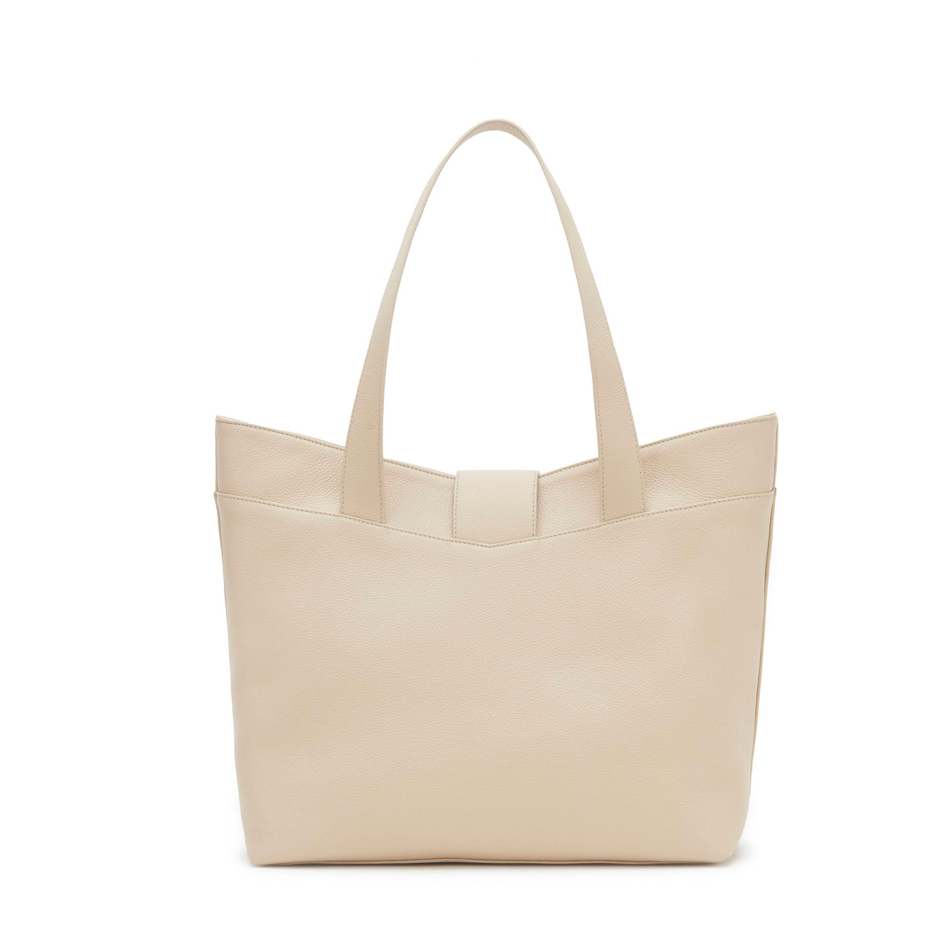 Powder leather shopping bag back view with clean design and structured silhouette