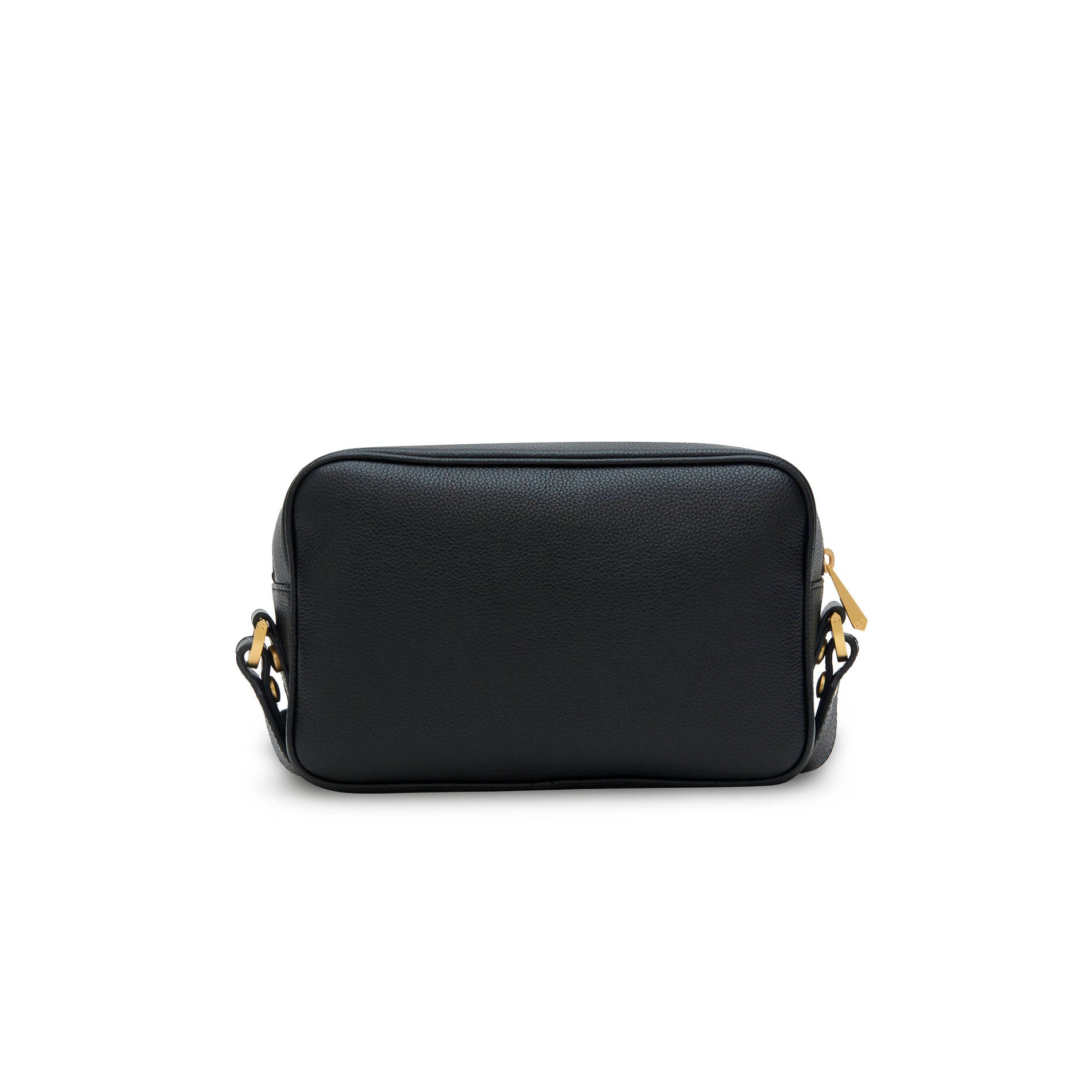 Black leather crossbody bag back view with minimalist design and compact silhouette Made in Italy