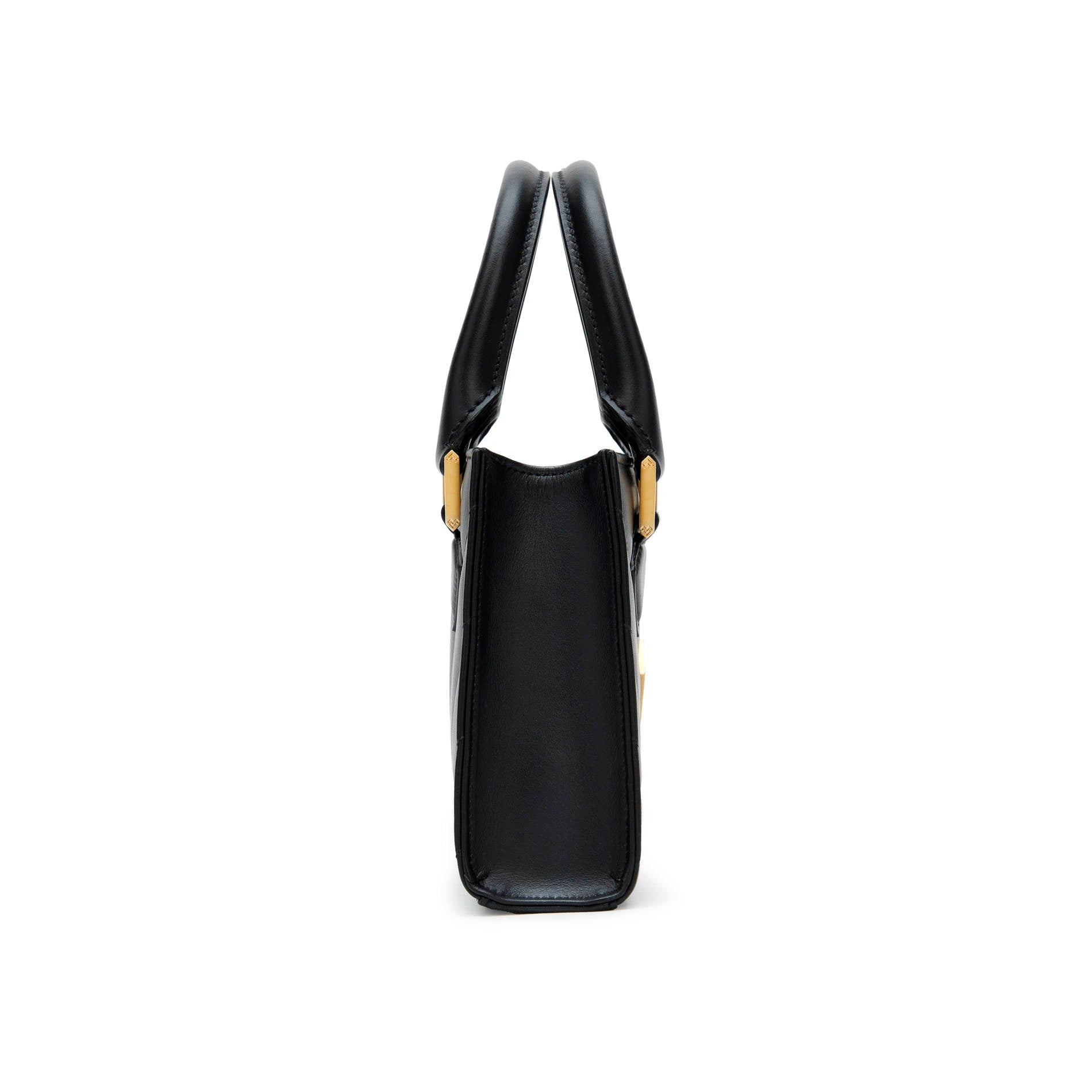 Black quilted leather handbag side view with adjustable strap and gold-tone hardware. Made in Italy