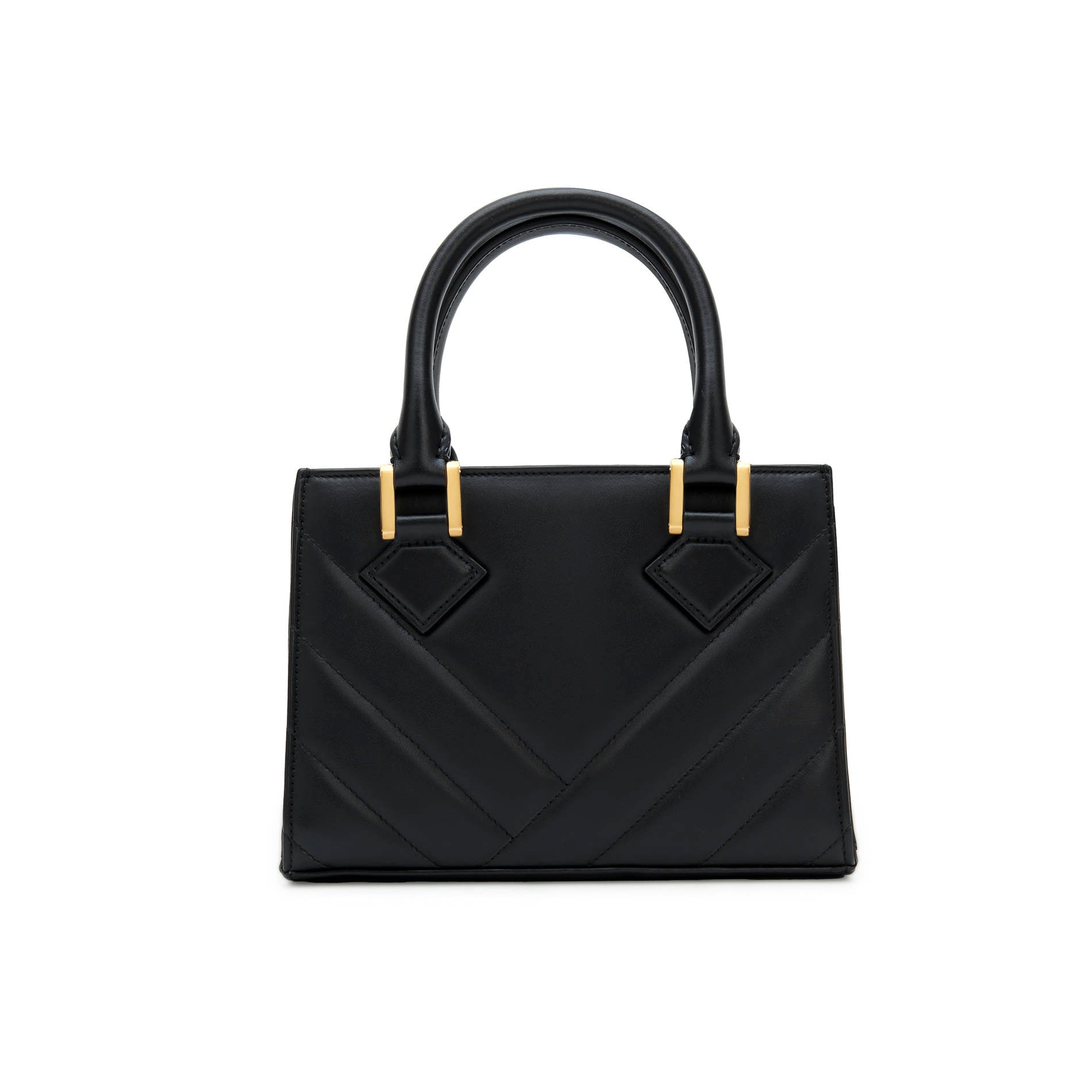 Black quilted leather mini bag back view with gold-tone logo and hardware. Made in Italy.