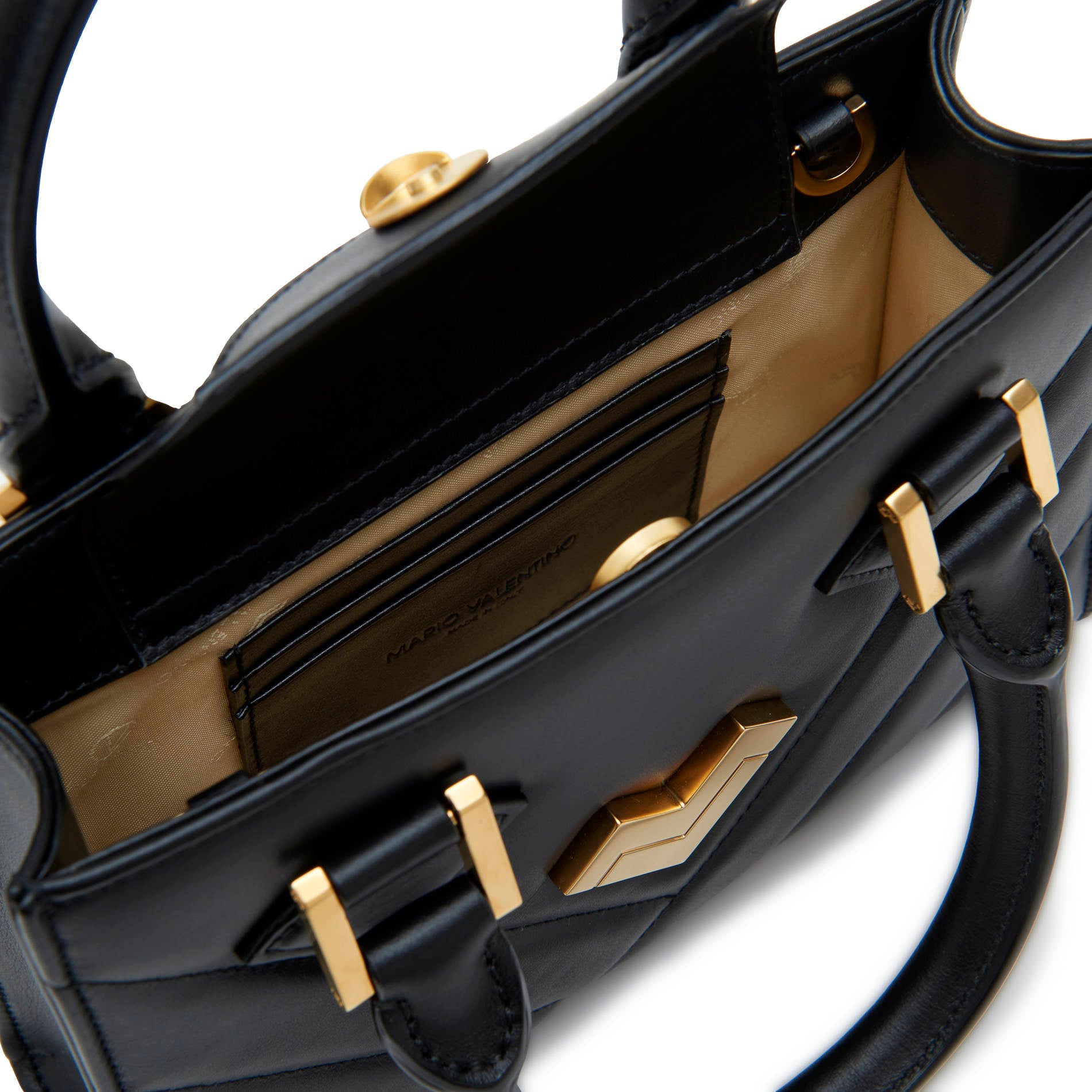 Interior of black leather mini handbag with cardholder slots and lining, elegant and functional everyday bag Made in Italy