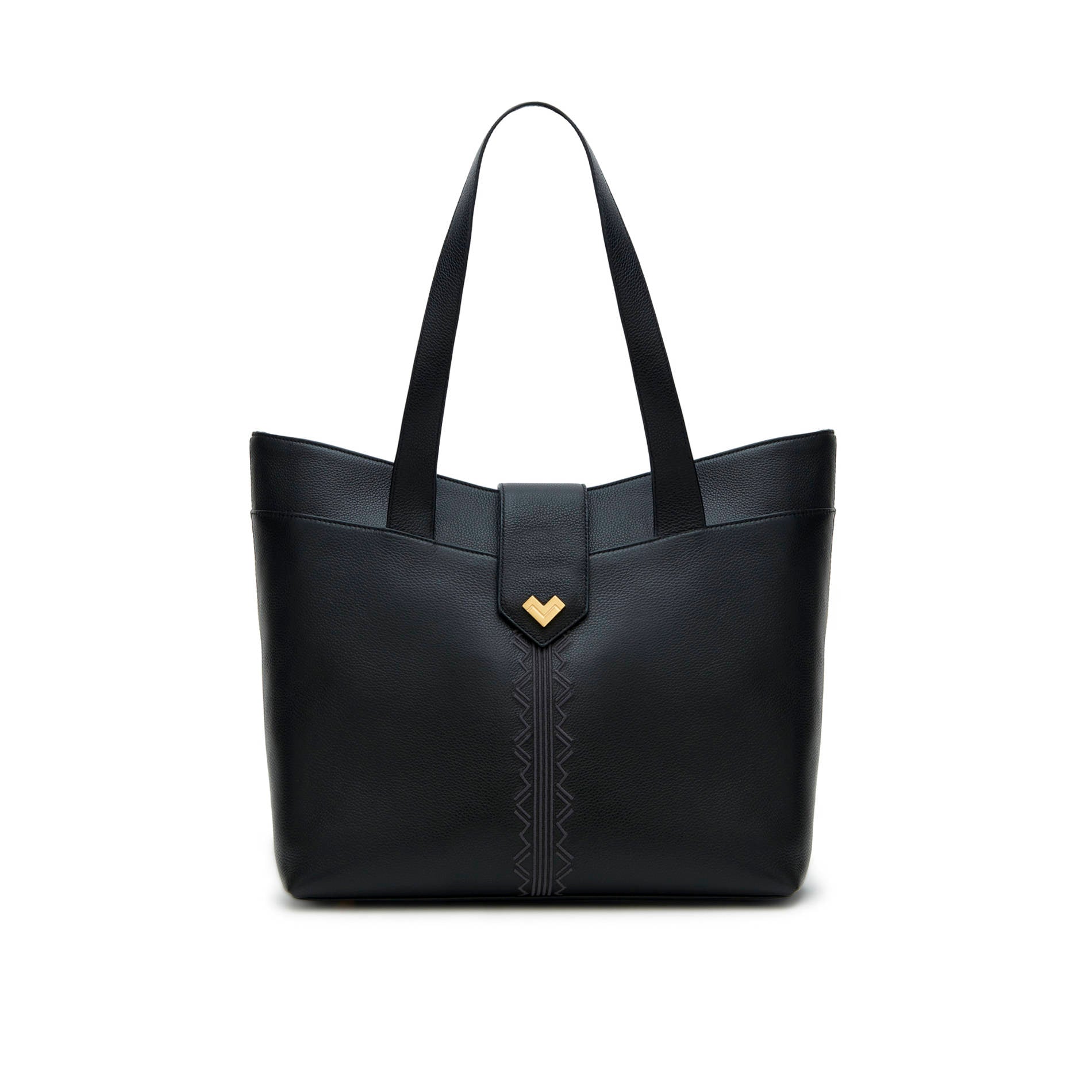 Luxury black leather tote bag with gold logo and embroidery, spacious shoulder handbag for work and daily use Made in Italy