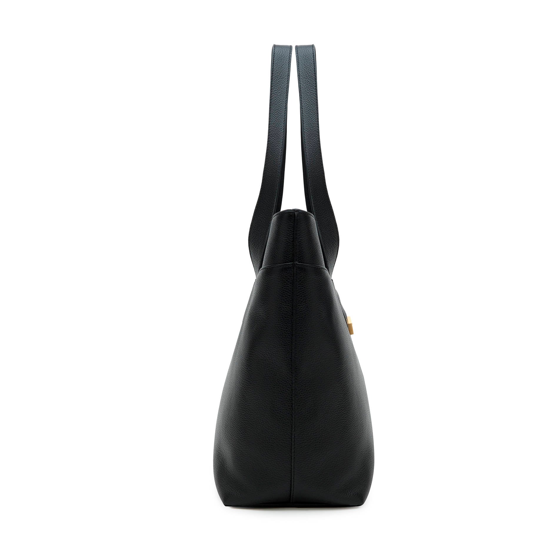 Black leather tote bag side view in calfskin, spacious Mario Valentino shopping bag with elegant shape Made in Italy
