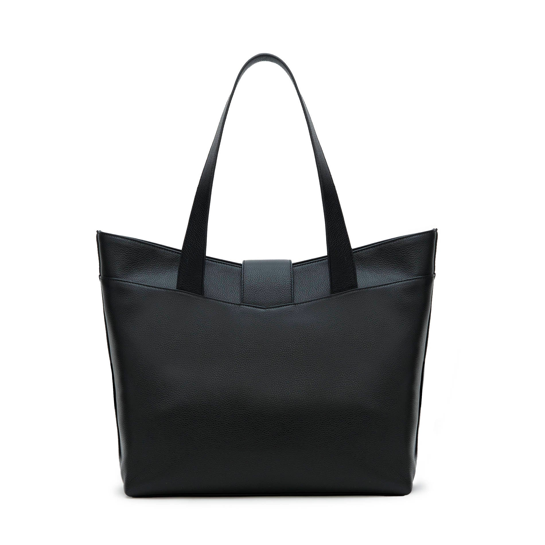 Back view black leather tote bag with clean finish and spacious structure Made in Italy