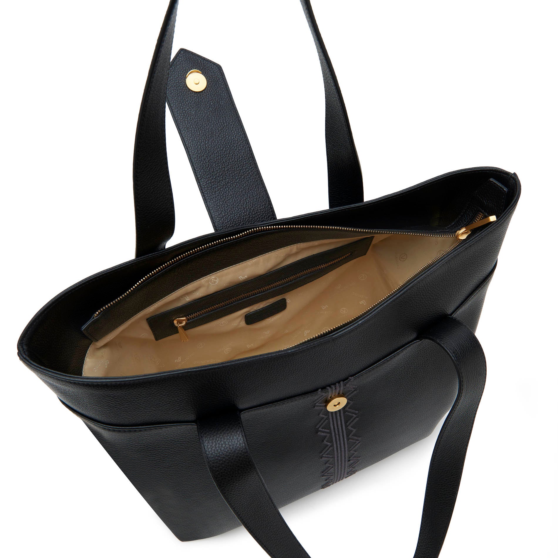 Black leather tote bag interior with zip closure, inner pocket and logo lining