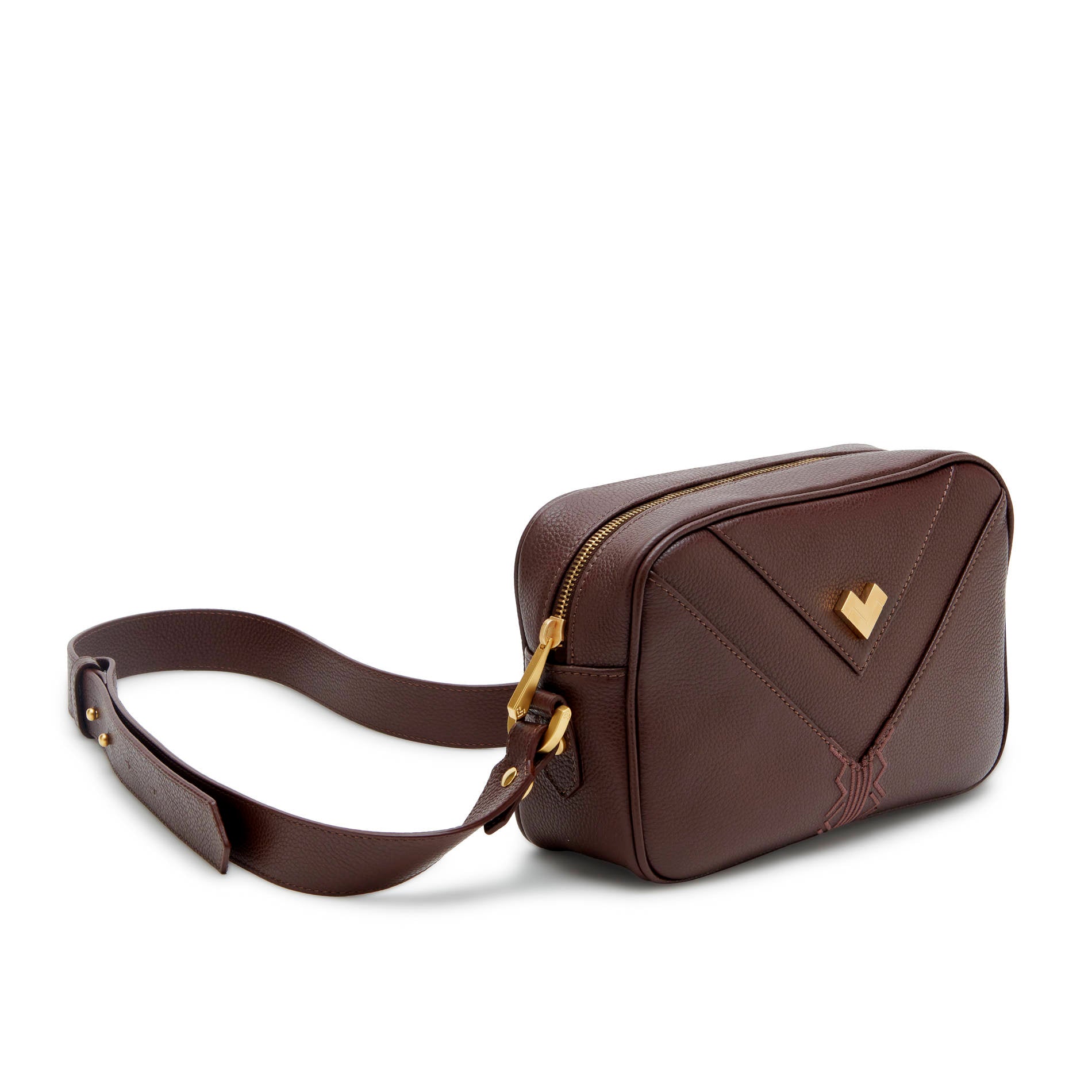 Mario Valentino moka leather crossbody bag with gold logo and embroidery, compact everyday handbag