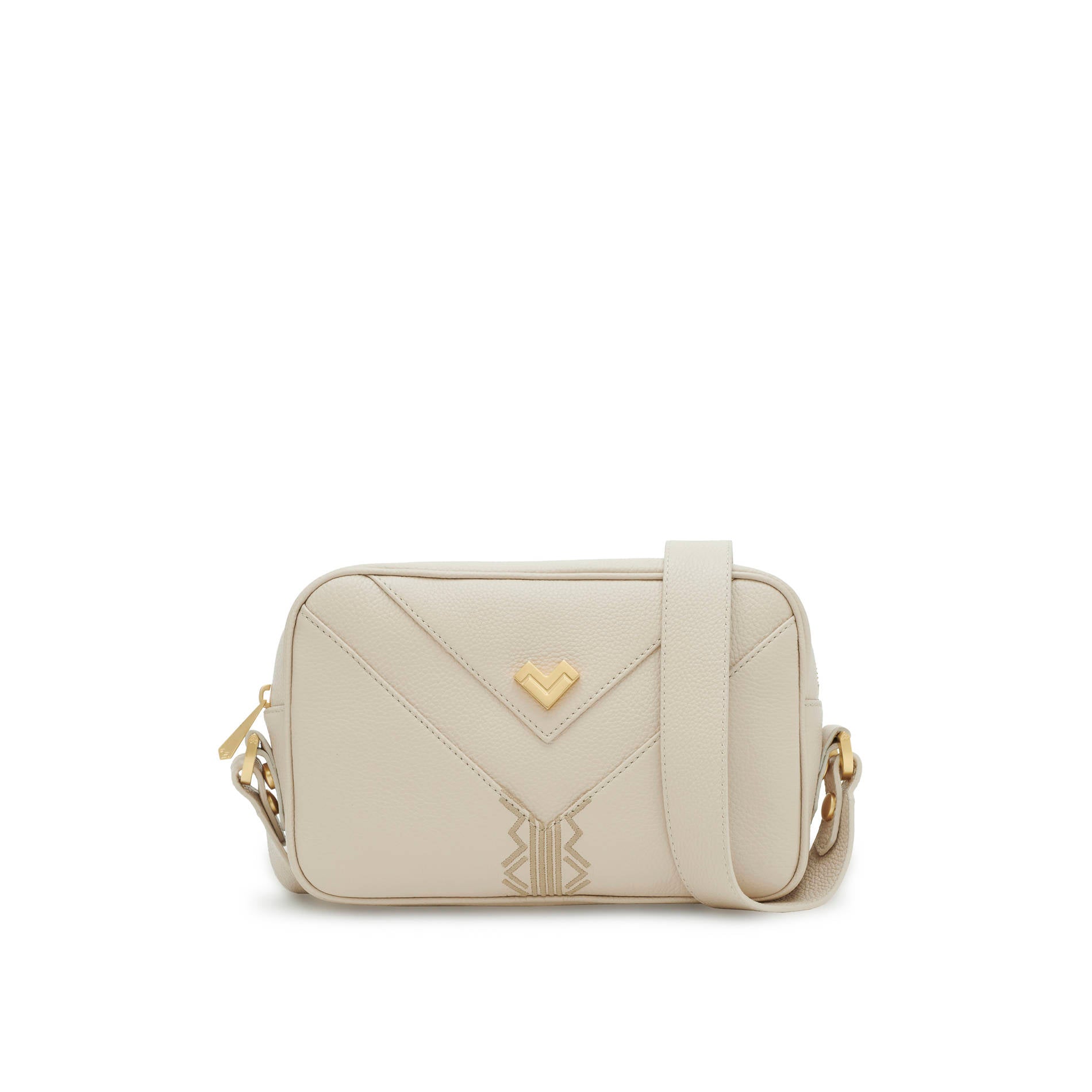 Mario Valentino beige leather crossbody bag with gold logo and embroidery, compact everyday handbag Made in Italy