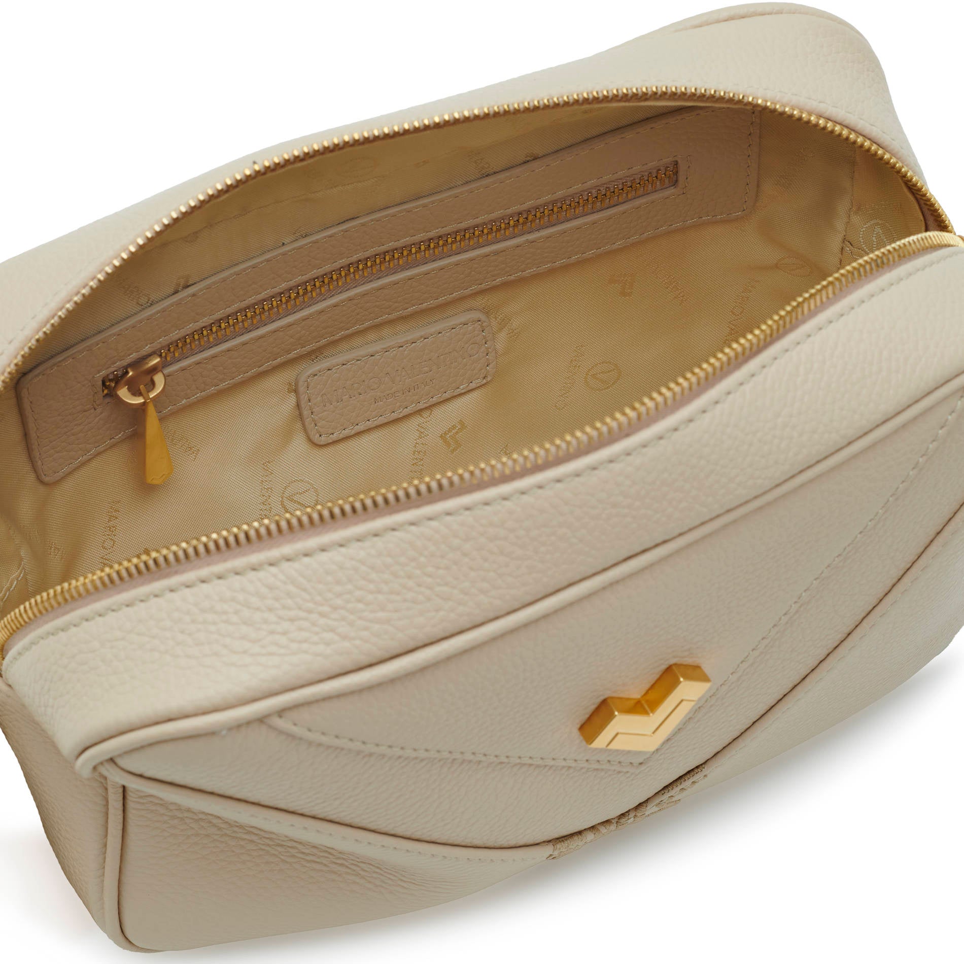 Inside beige leather crossbody bag with logo lining and inner pocket, compact luxury handbag Made in Italy