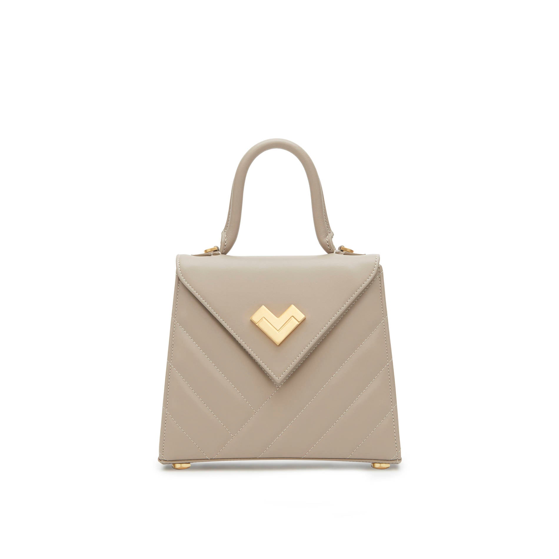 Grey quilted leather handbag in taupe tone with gold-tone logo and flap closure. Made in Italy