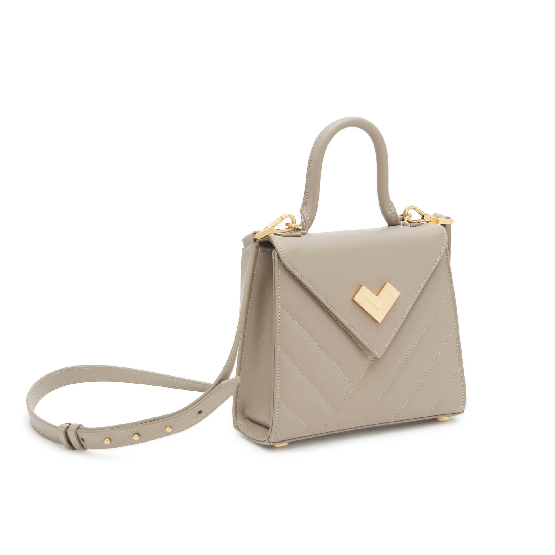 Grey quilted leather crossbody bag in taupe shade with adjustable strap and gold-tone hardware, side view. Made in Italy