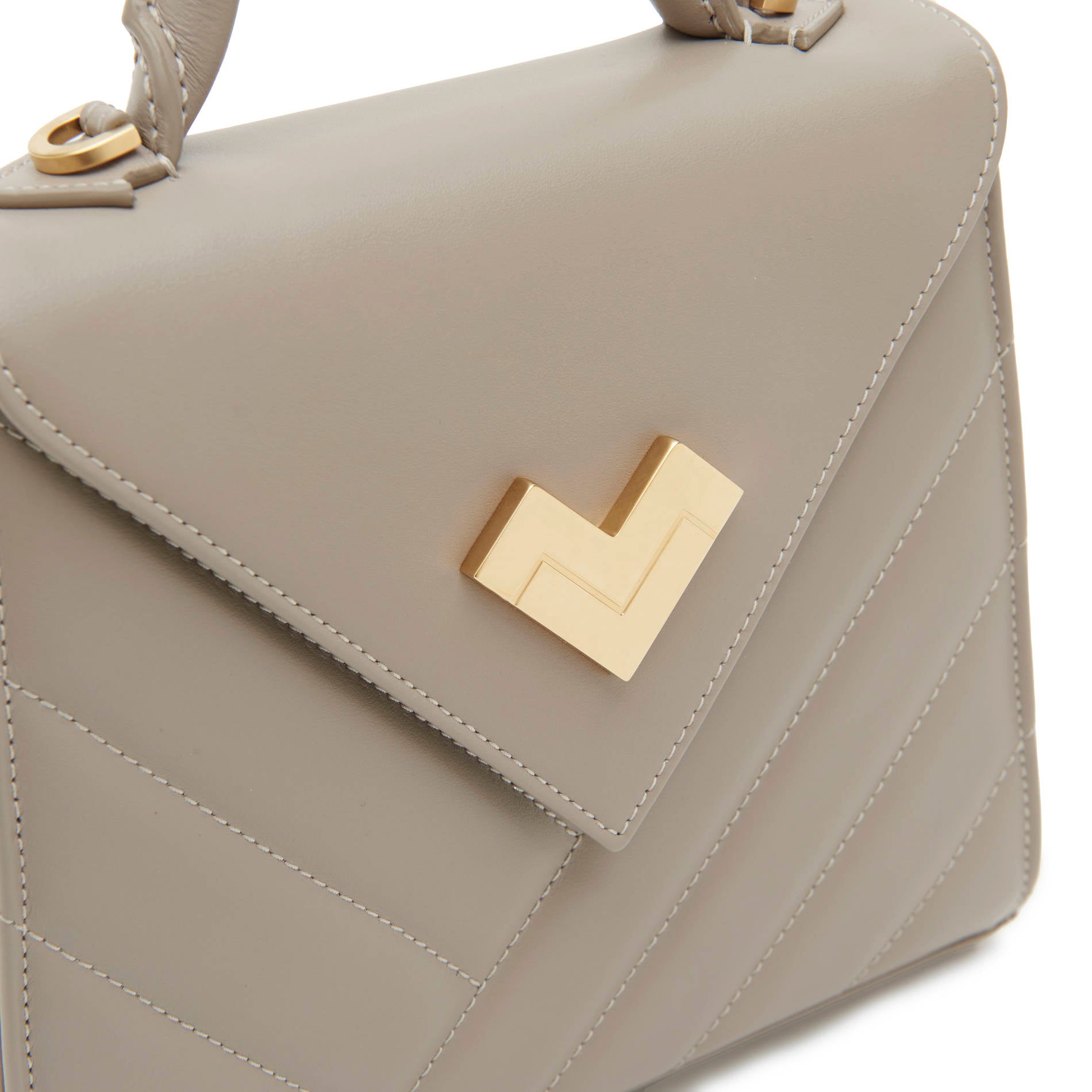 Grey quilted leather handbag in taupe tone with gold-tone logo detail and stitching. Made in Italy