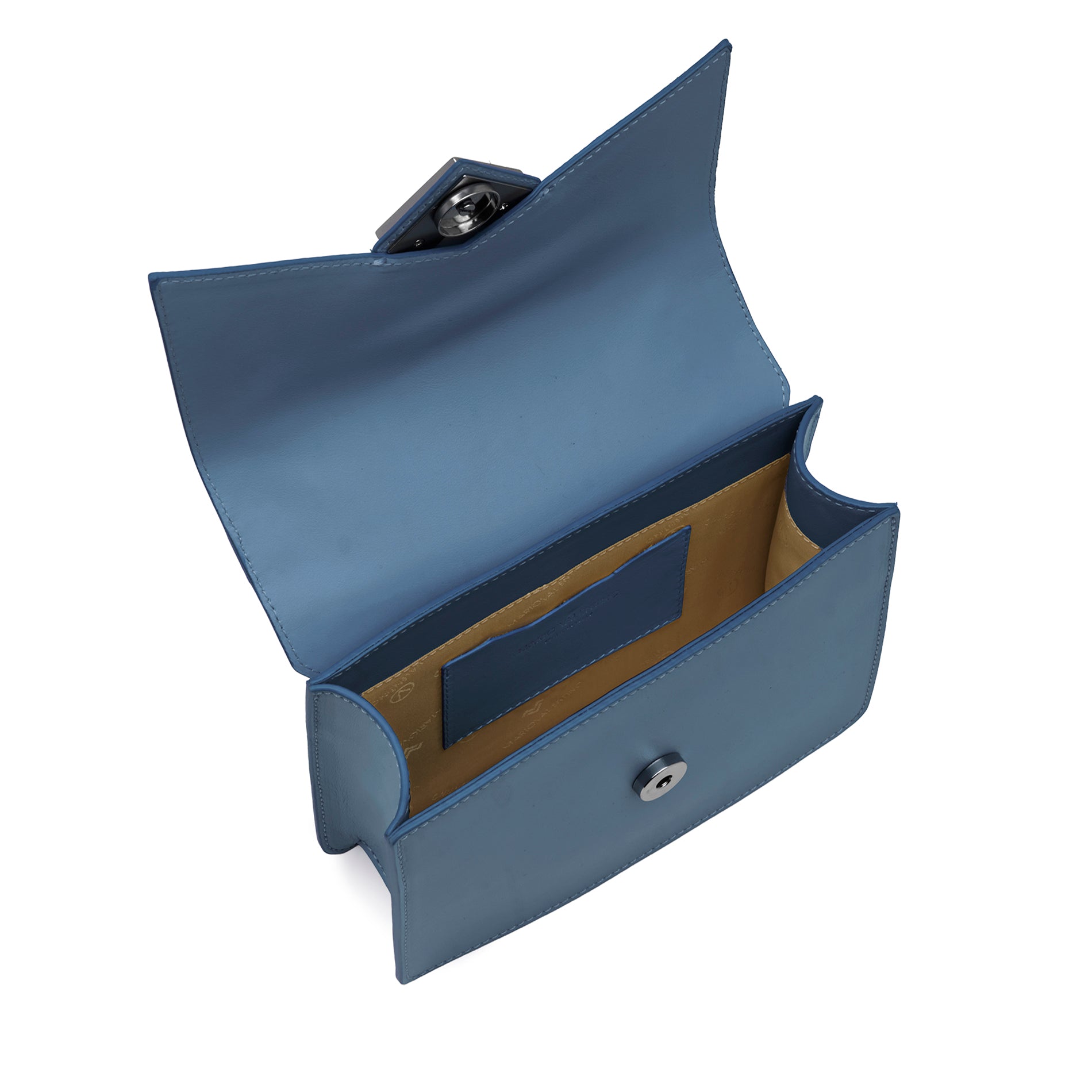 Interior detail of Mario Valentino sky-blue calf leather top handle handbag featuring logoed nylon lining and practical inner pocket. Made in Italy.