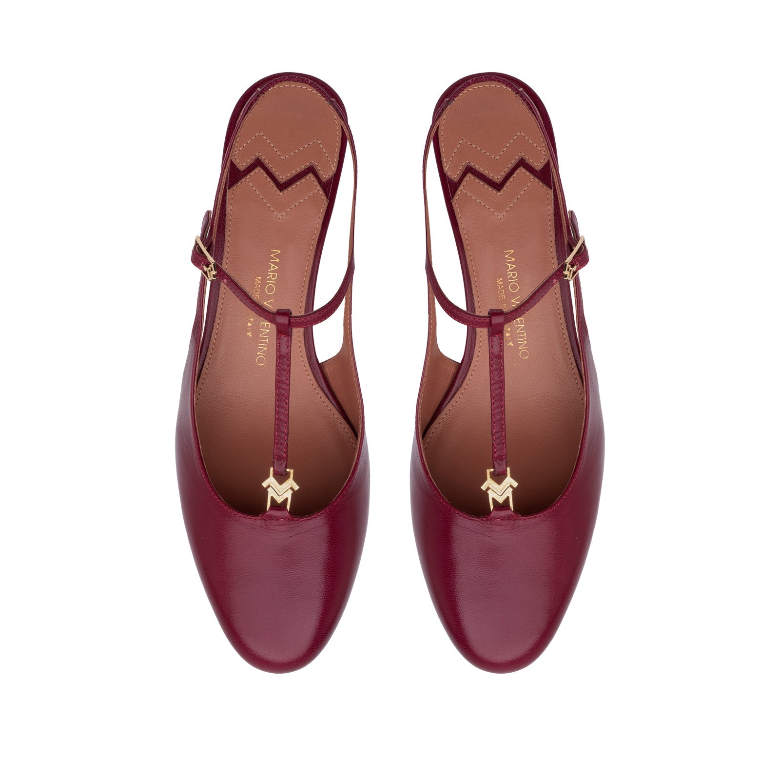 Mario Valentino burgundy kidskin leather block heel shoes with T-bar and round toe.
