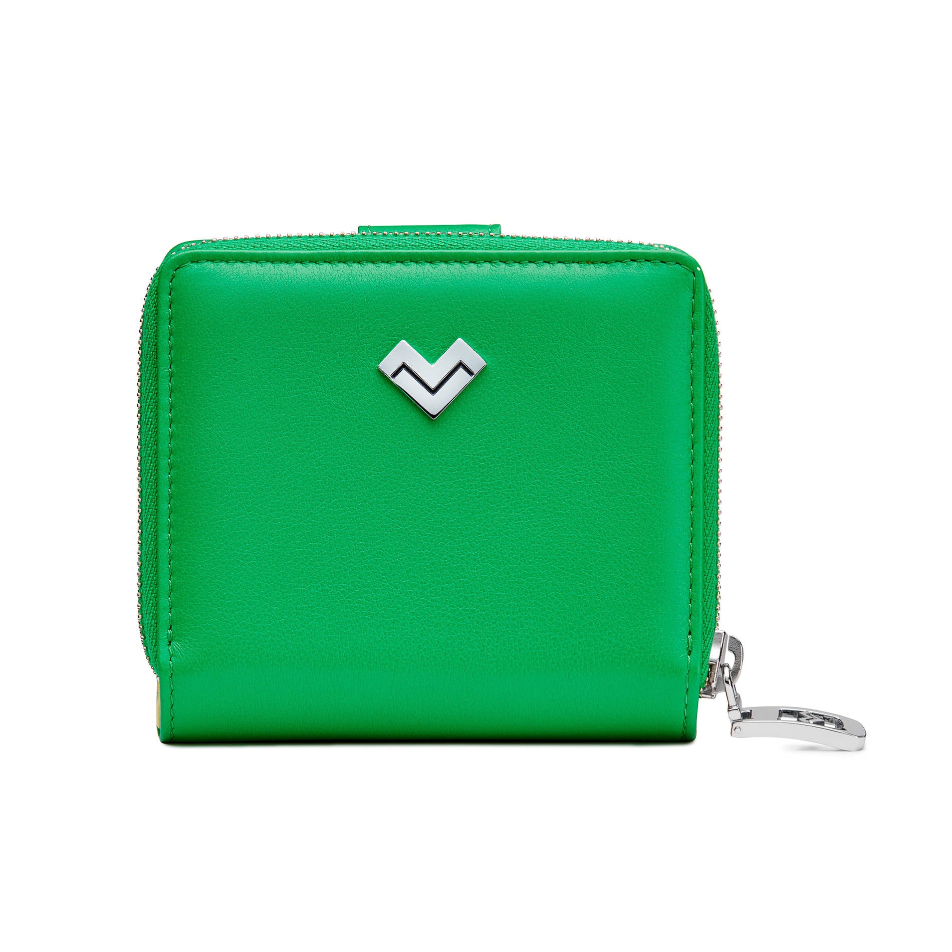 Mario Valentino green calfskin wallet with metal MV logo, zip-around closure and external coin pocket. Made in Italy.