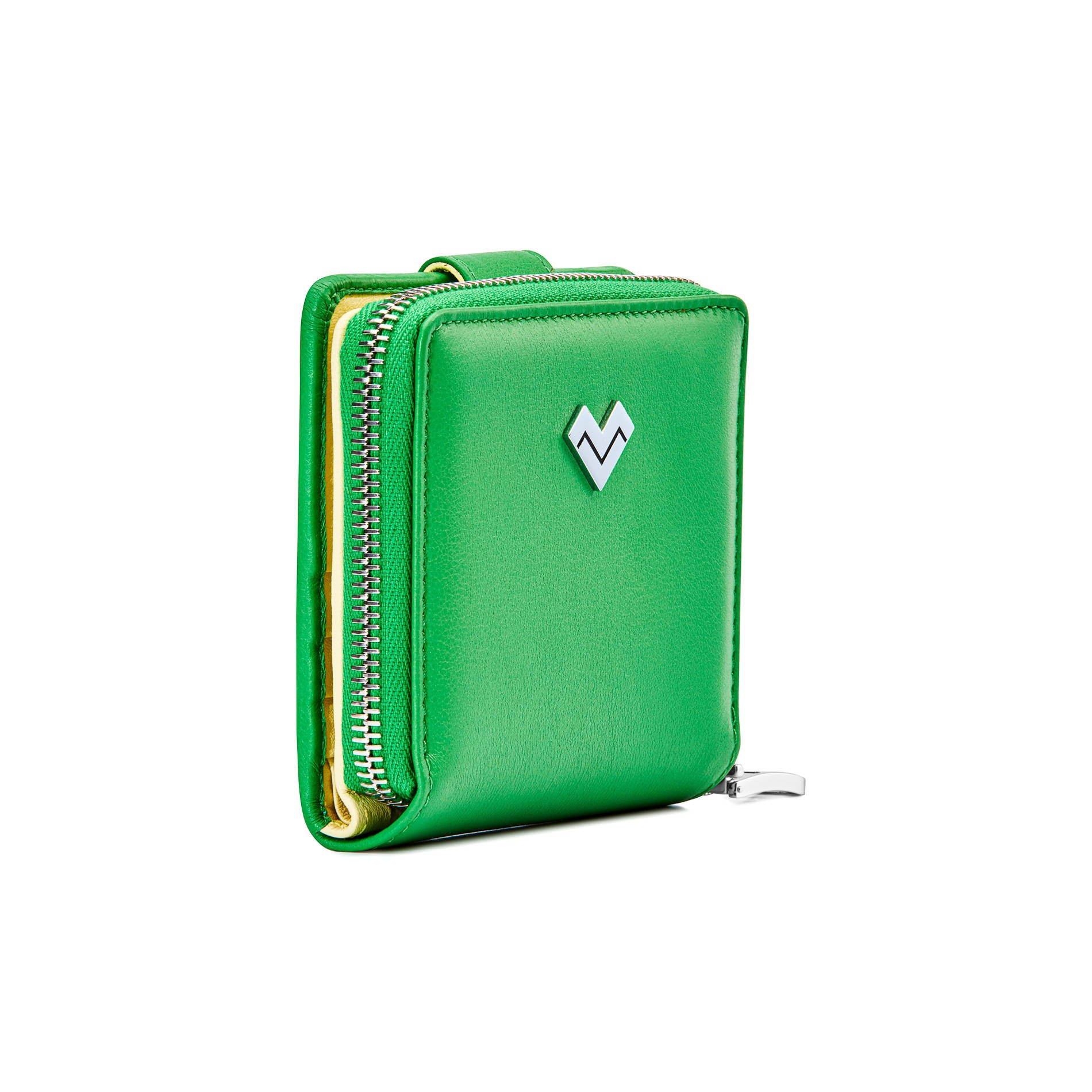 Side view of Mario Valentino green calfskin zip wallet with logoed metal MV detail and external coin pocket with zip closure. Made in Italy.