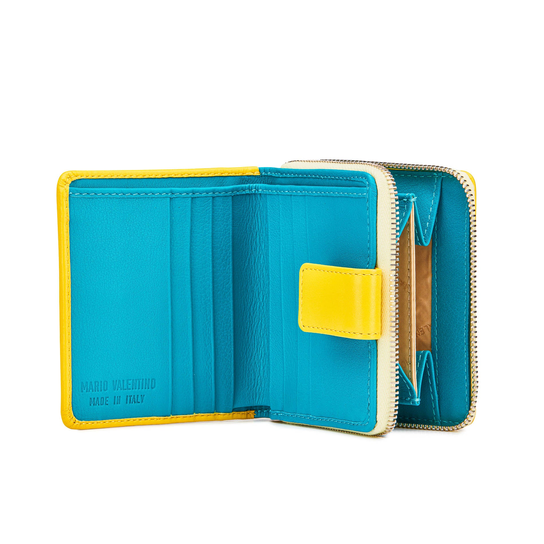 Interior detail of Mario Valentino yellow calfskin wallet featuring light blue leather, six card slots, banknote compartment and zip coin pocket. Made in Italy.