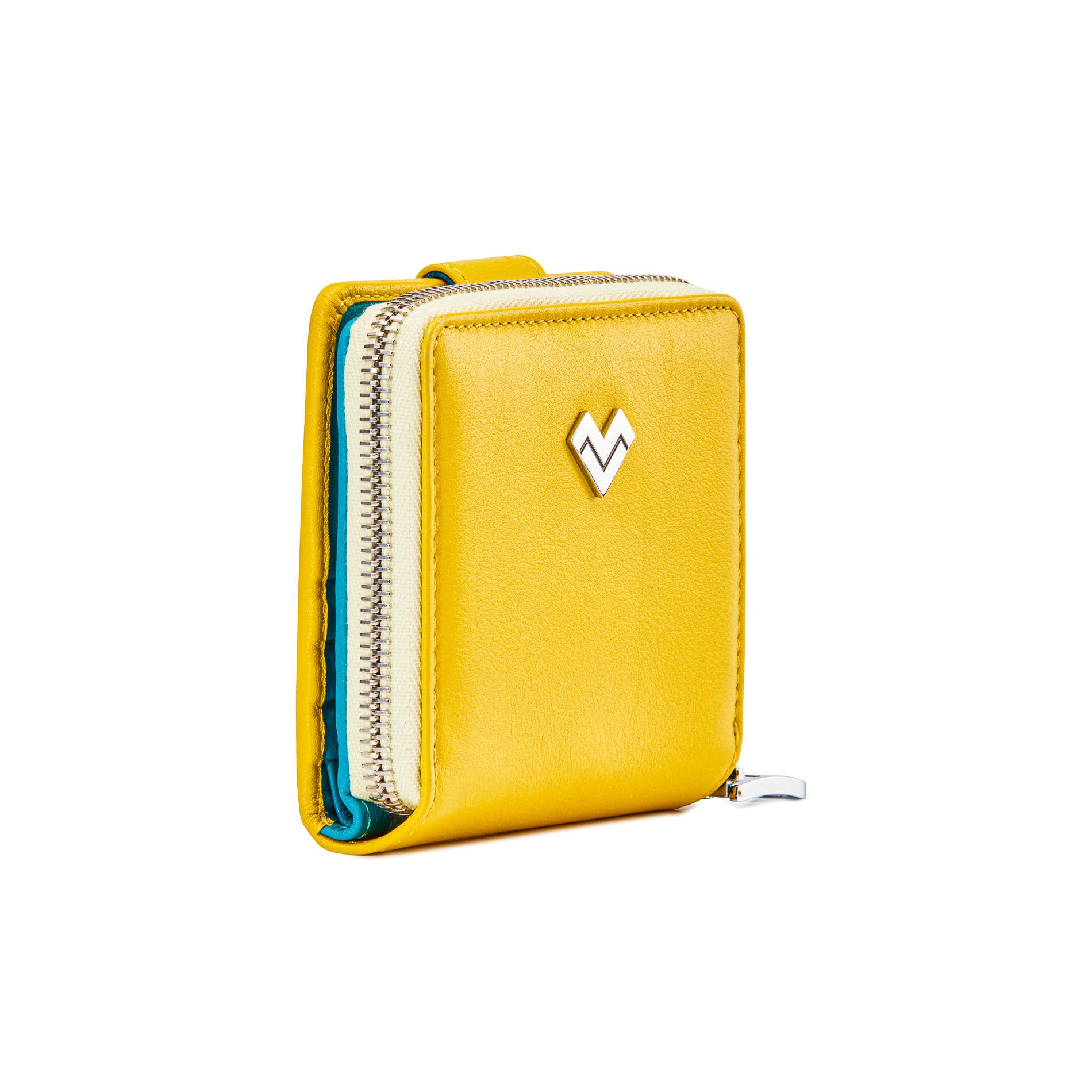 Side view of Mario Valentino yellow calfskin zip wallet with logoed metal MV detail and external coin pocket with zip closure. Made in Italy.